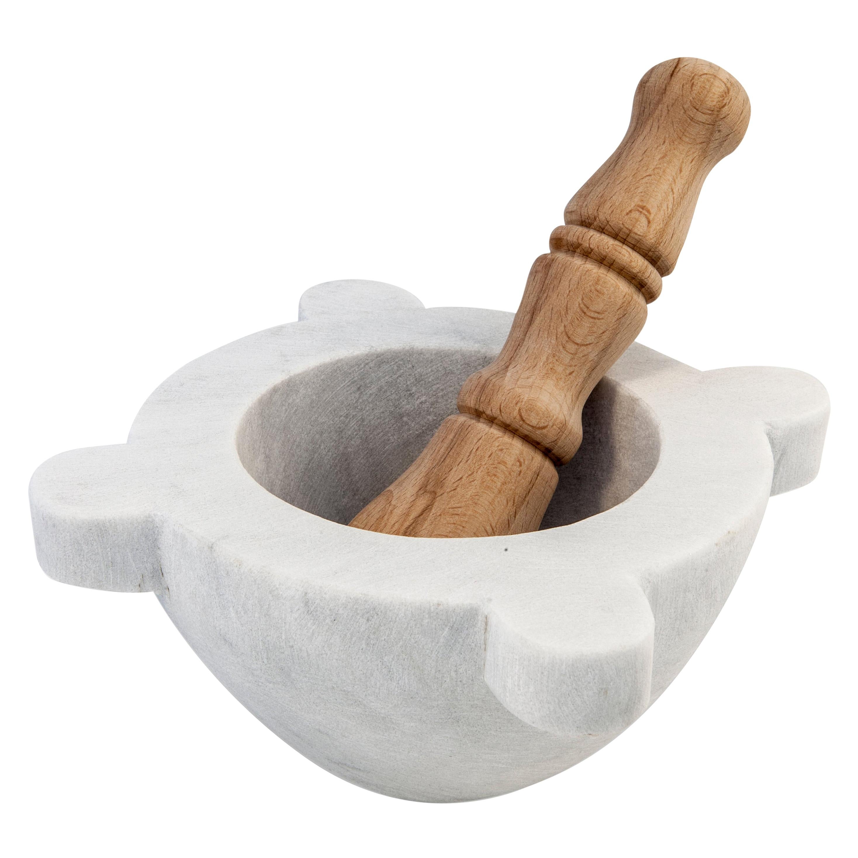 Handmade Satin White Carrara Marble Mortar with Pestle in Wood For Sale