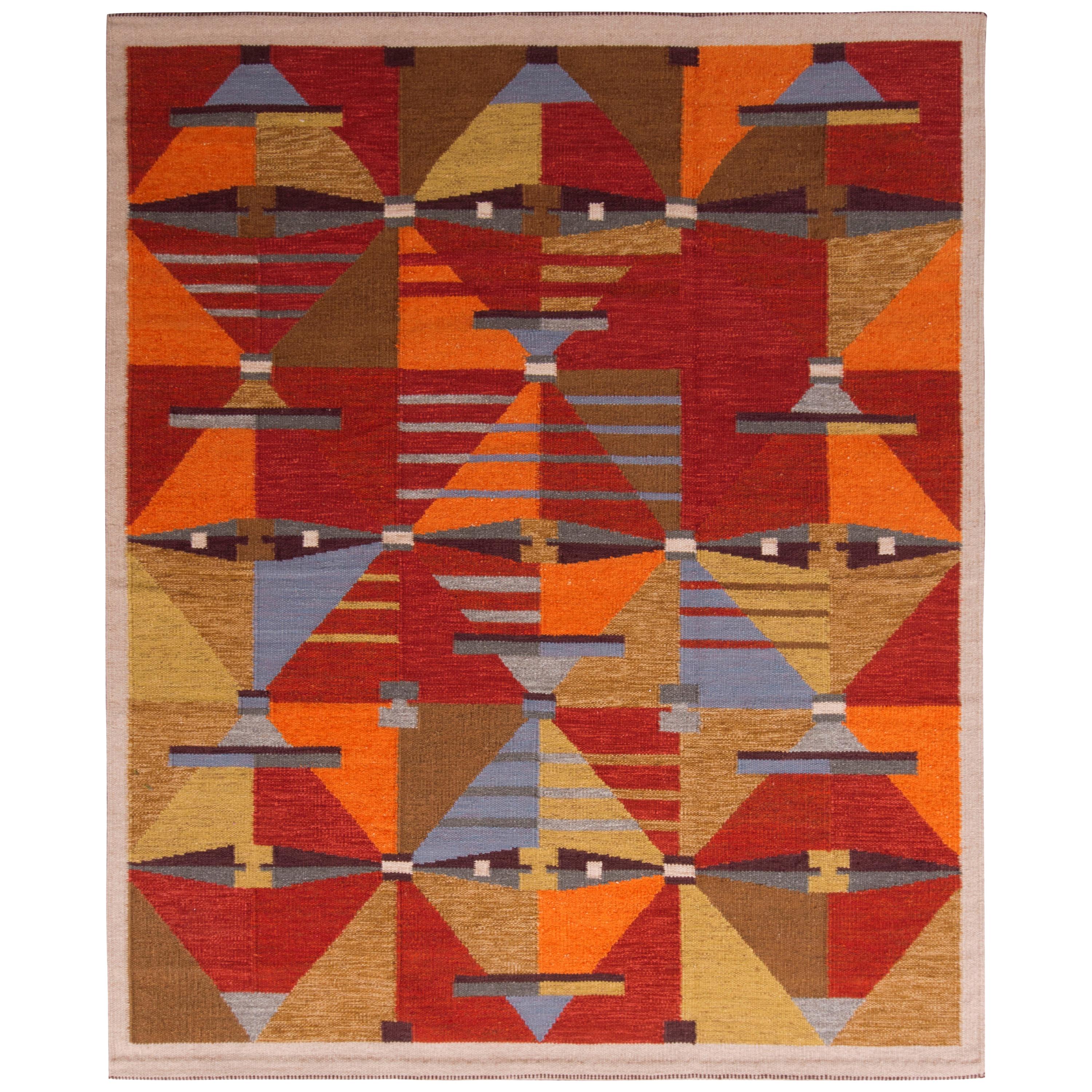 Kilim de style scandinave fait main, rouge et marron, tissé à plat par Rug 
Kilim en vente