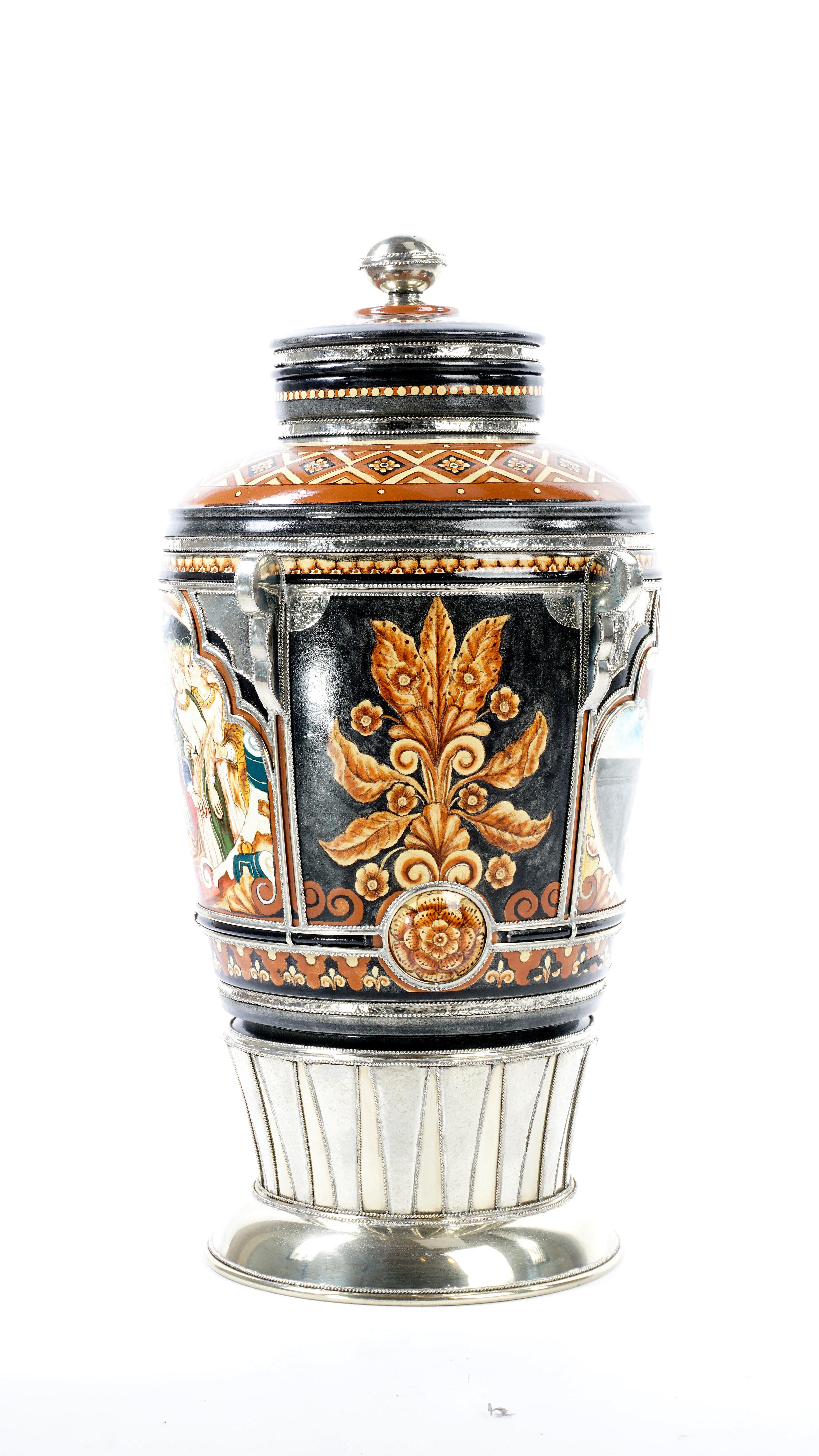 Handmade Scenes Jar, Ceramic and White Metal ‘Alpaca’, One of a Kind 1