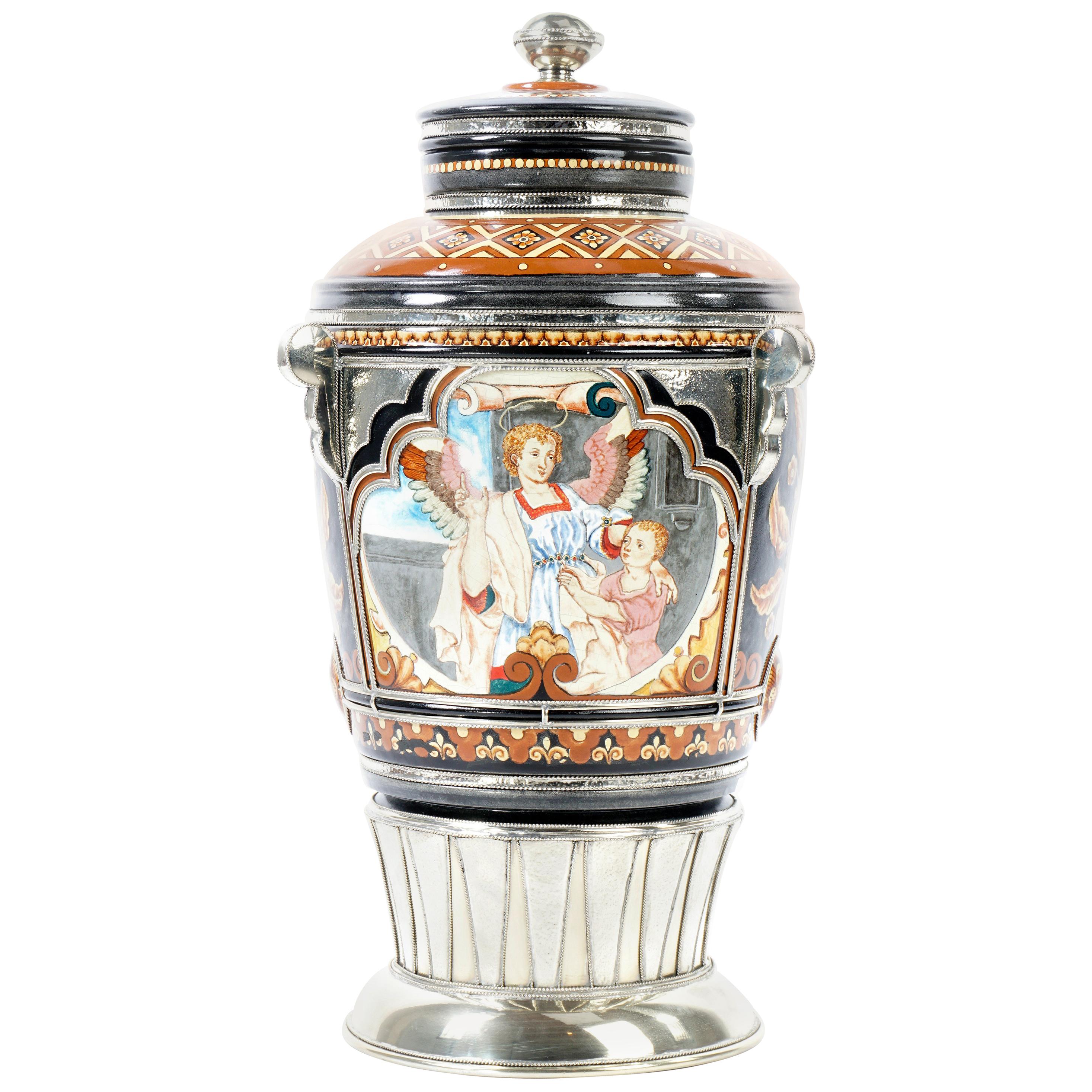 Handmade Scenes Jar, Ceramic and White Metal ‘Alpaca’, One of a Kind