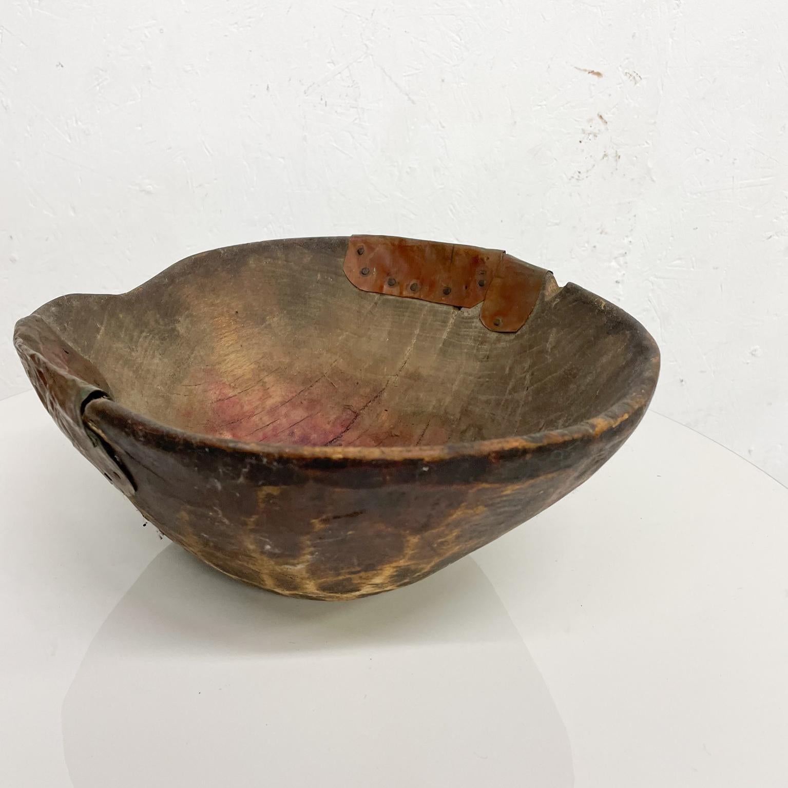 Handmade Sculptural Antique Rustic Wood Bowl with Decorative Copper 3