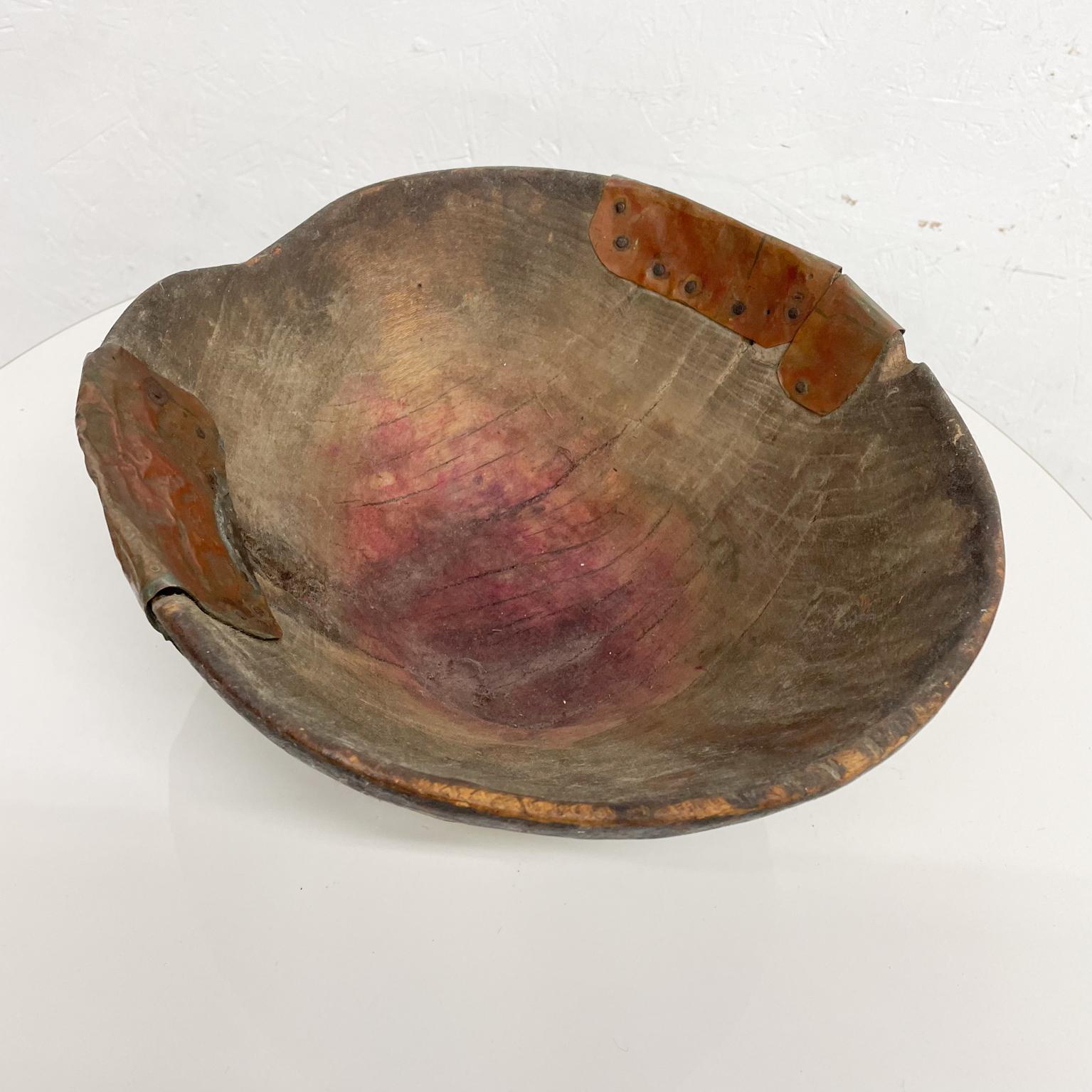 Handmade Sculptural Antique Rustic Wood Bowl with Decorative Copper 4