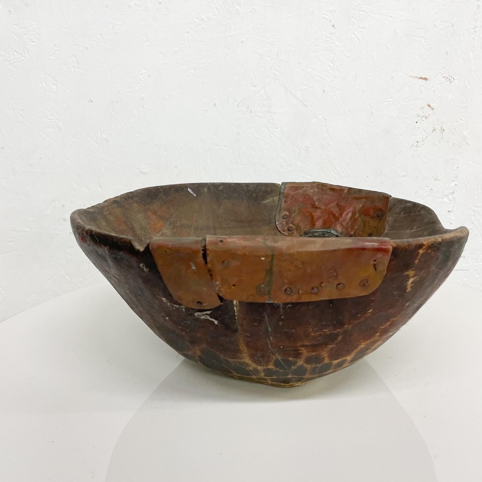 Industrial Handmade Sculptural Antique Rustic Wood Bowl with Decorative Copper