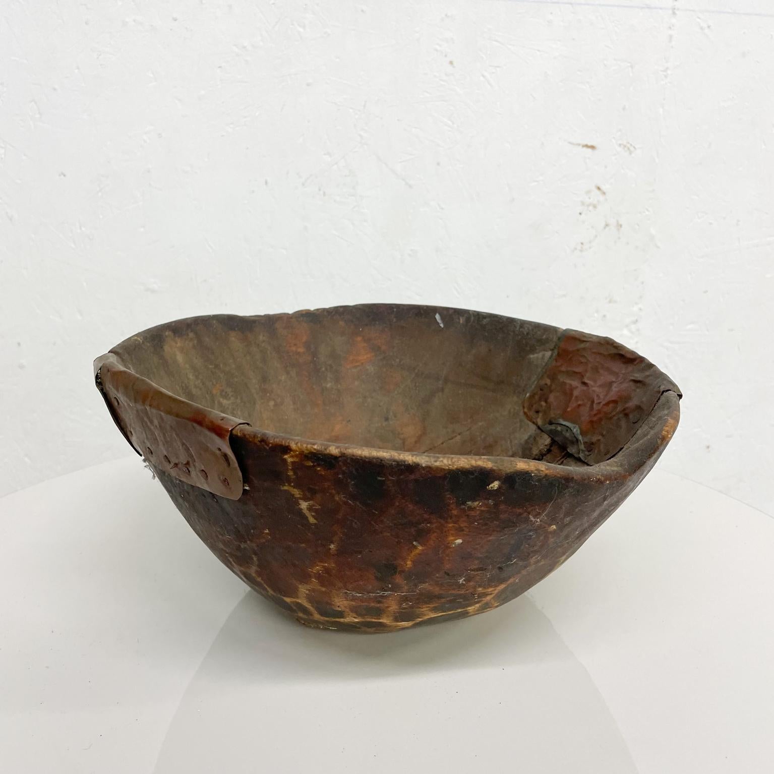 American Handmade Sculptural Antique Rustic Wood Bowl with Decorative Copper