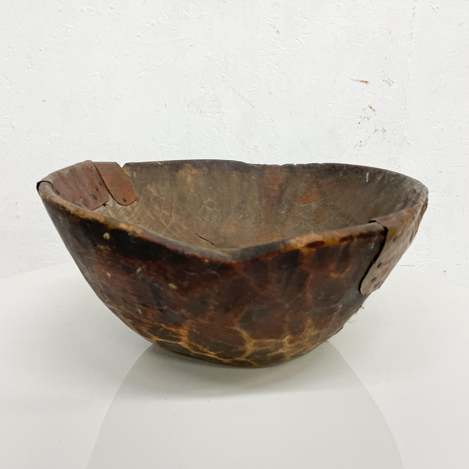 Handmade Sculptural Antique Rustic Wood Bowl with Decorative Copper In Good Condition In Chula Vista, CA