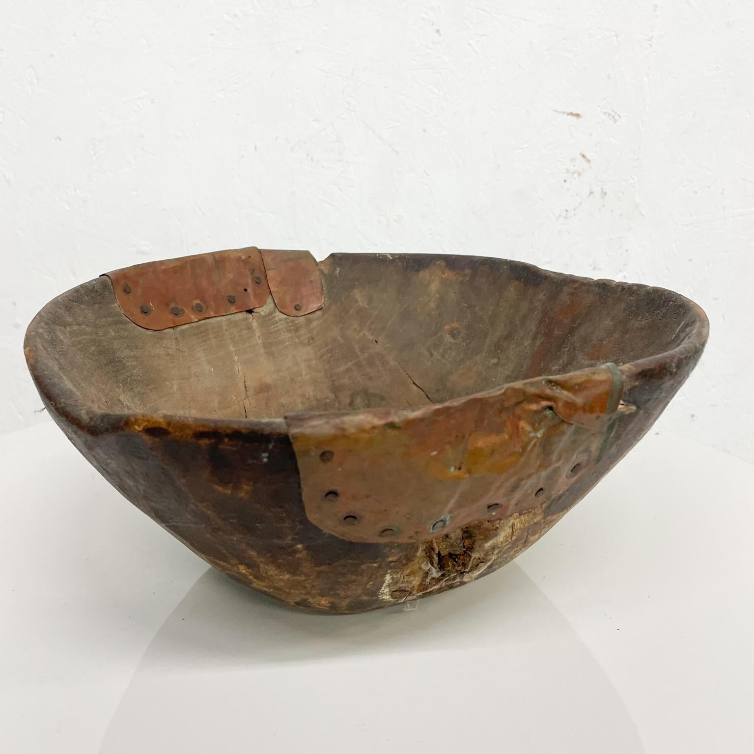19th Century Handmade Sculptural Antique Rustic Wood Bowl with Decorative Copper