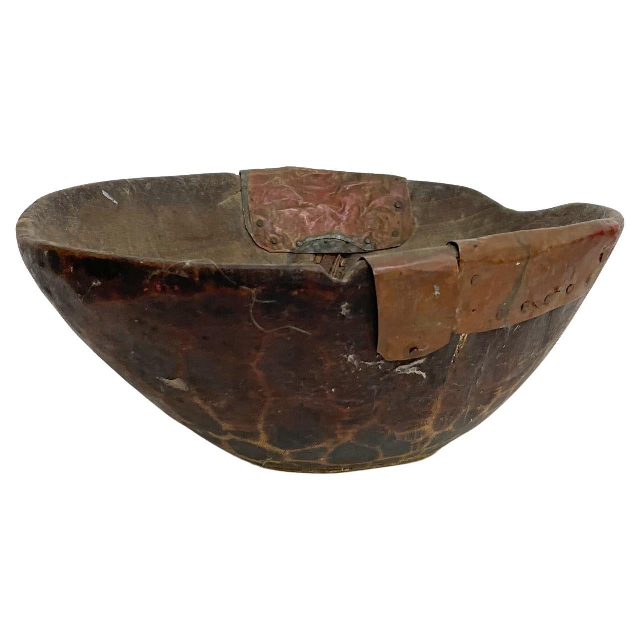 Handmade Sculptural Antique Rustic Wood Bowl with Decorative Copper