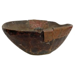 Handmade Sculptural Antique Rustic Wood Bowl with Decorative Copper