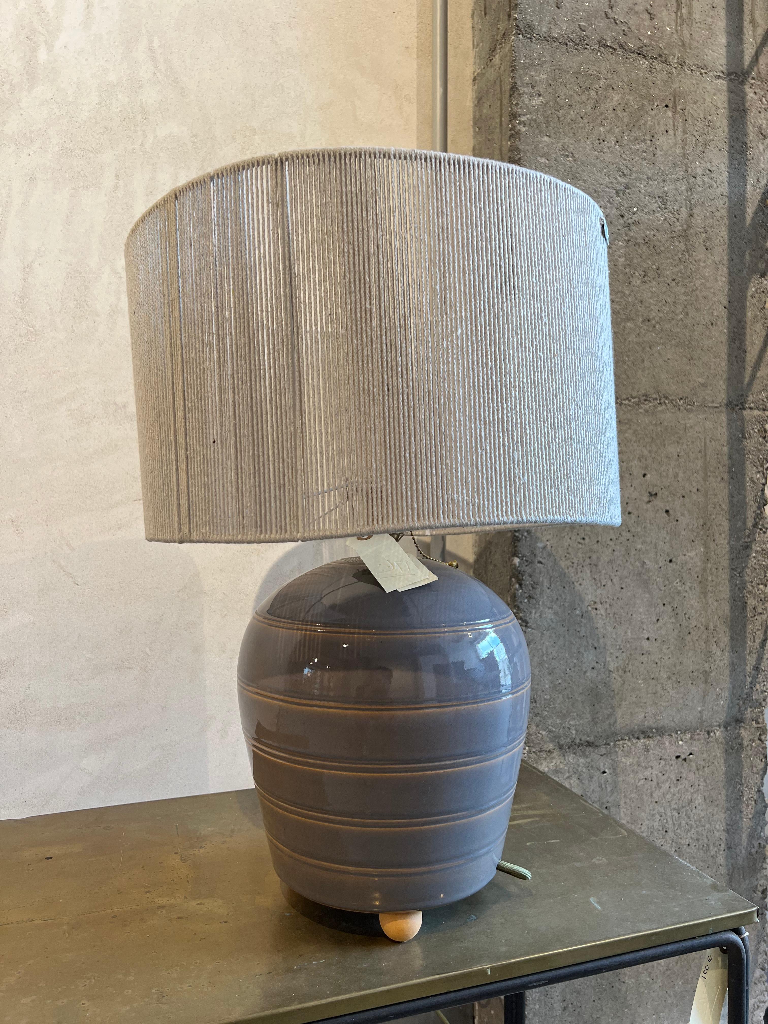 Glazed Handmade Sculptural Ceramic Table Side Lamp Limited Edition, Grey with Stripes For Sale