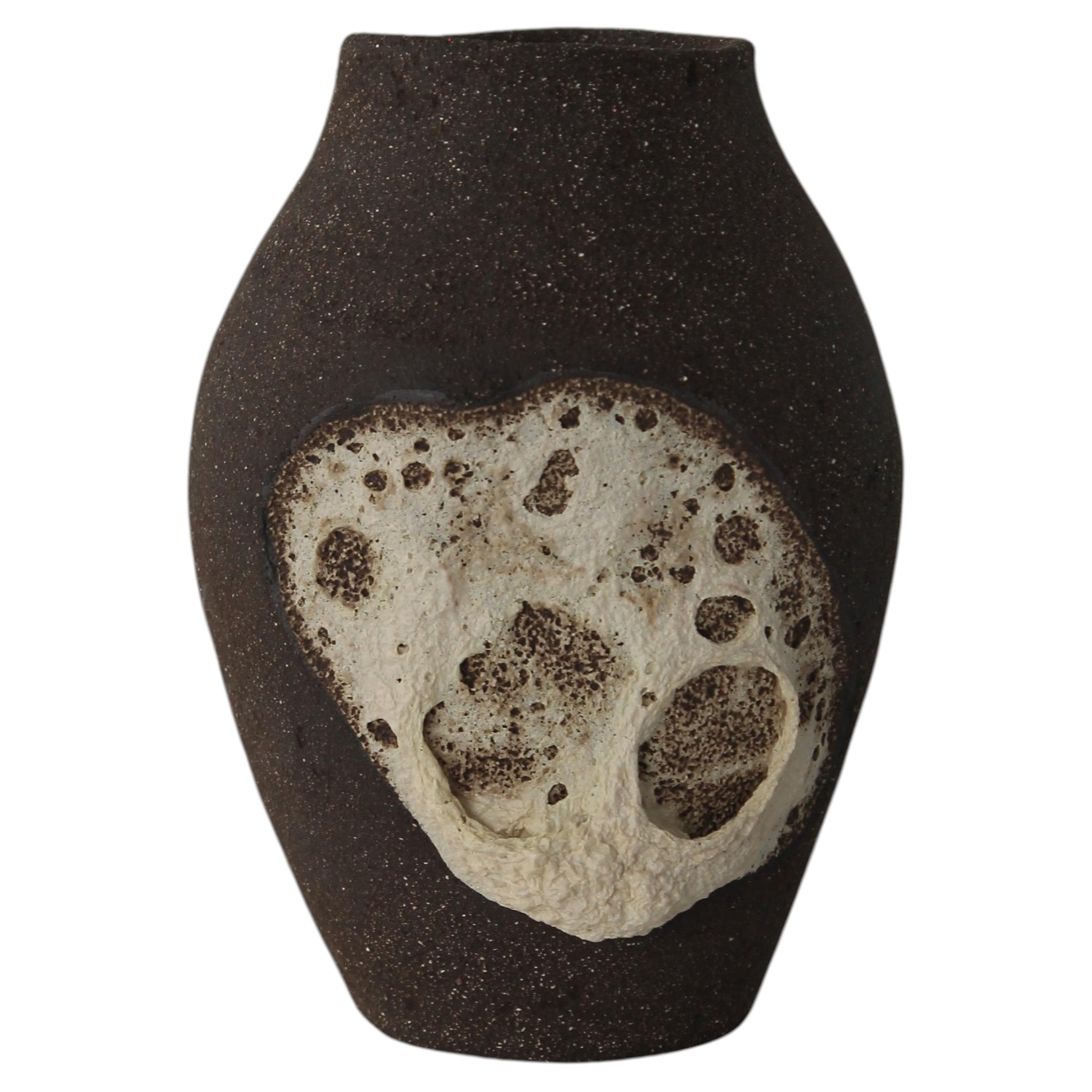 Handmade Sculptural Dark Stoneware Vase with Textured White Relief