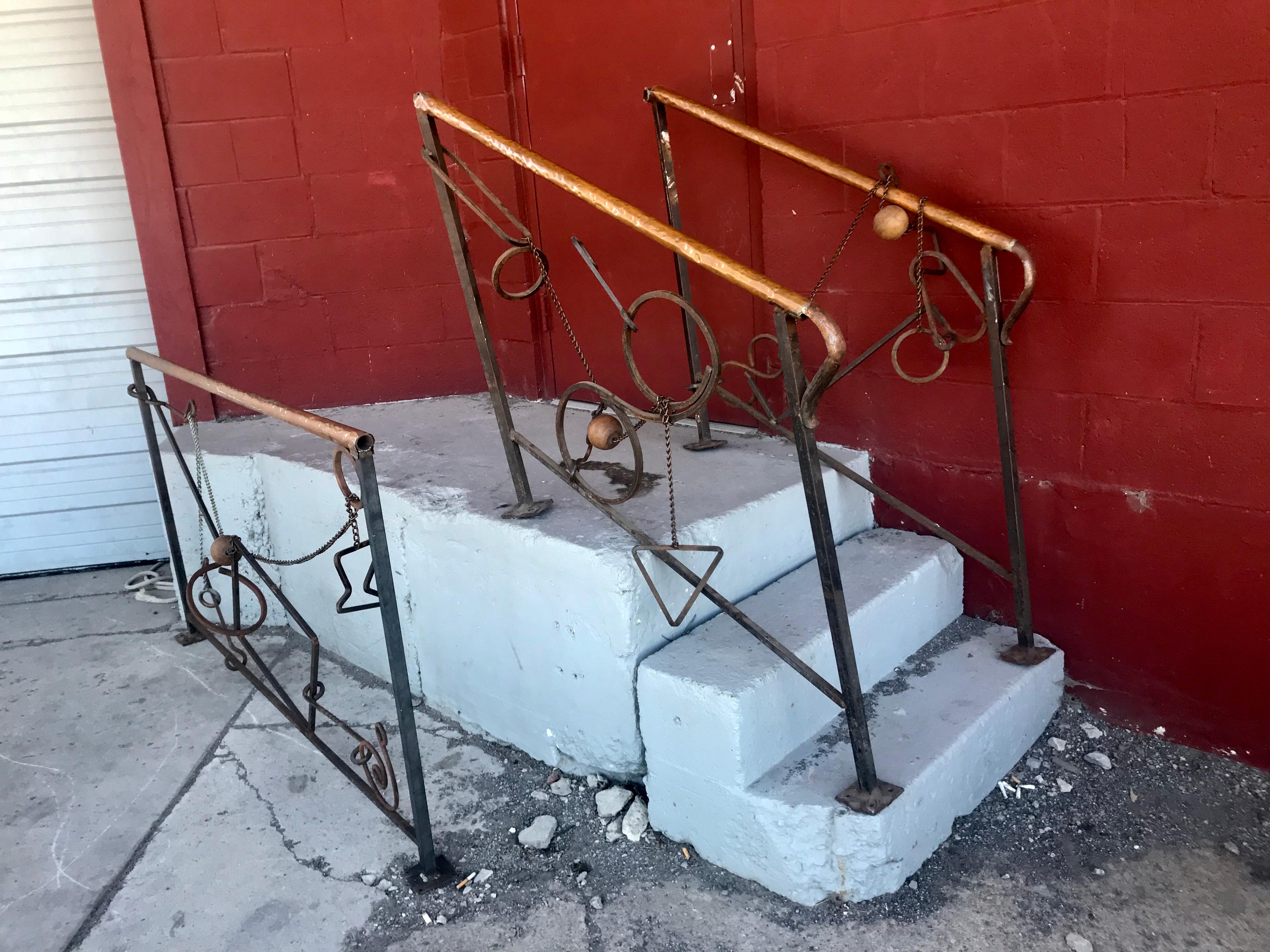 Handmade sculptural iron, copper, bronze 4 piece railings, by Larry Griffis Jr. Stunning artistic railings originally commissioned for downtown Buffalo New York restaurant. My guess would be late 1970s, early 1980s vintage, constructed, designed and