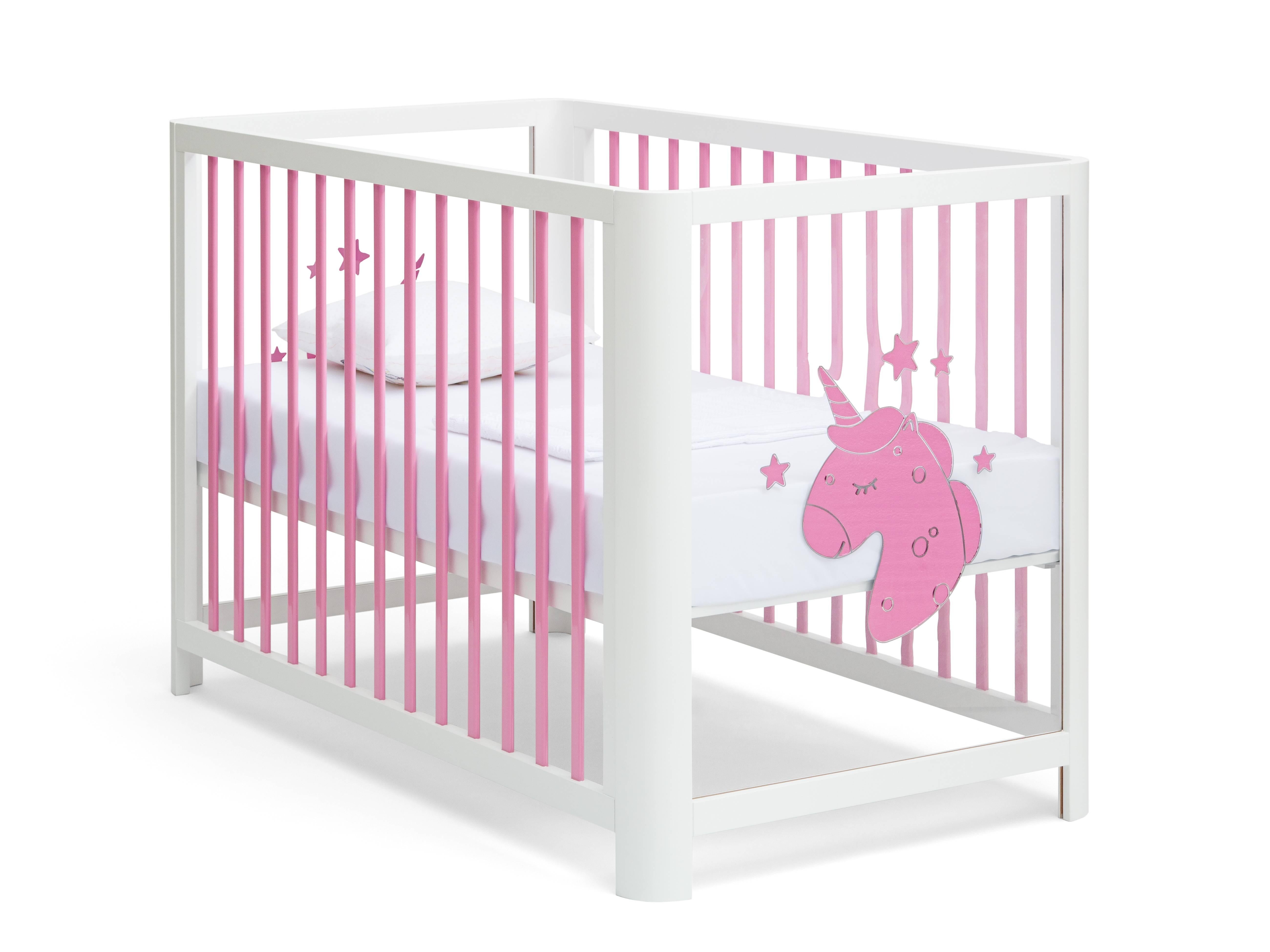 Flying in a cloud, dreaming of air and purity and fun flying on the wings of a majestic myth, a unicorn of pink mirror acrylic and clear skies ahead forecast good times in store for baby. Built to last, built by hand. Converts 5 ways as baby grows,