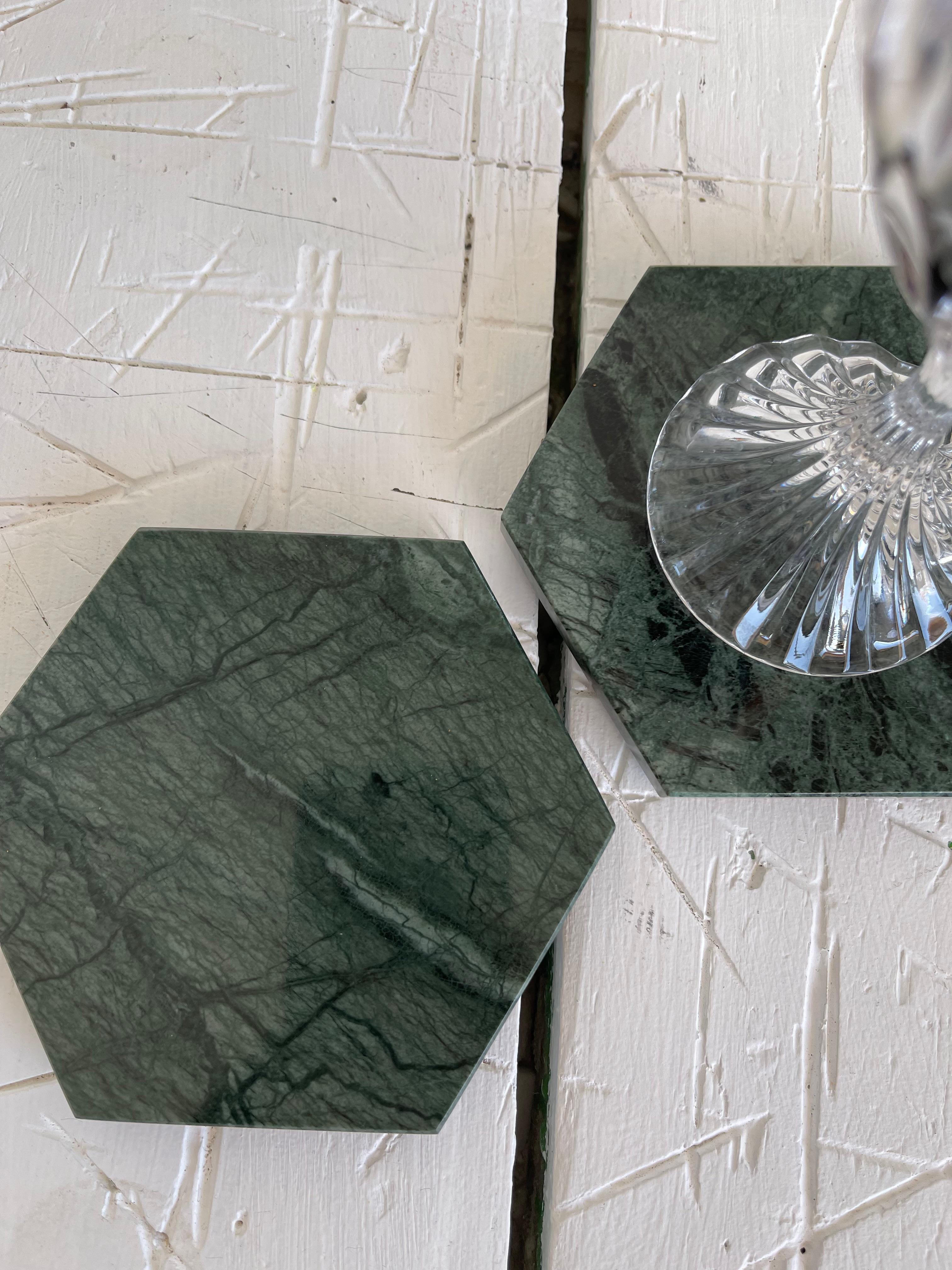 Italian Handmade Set of 2 Hexagonal Green Guatemala Marble Coasters For Sale