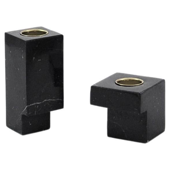 Handmade Set of 2 Squared Candle Holders in Black Marquina Marble and Brass For Sale