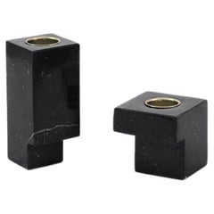 Handmade Set of 2 Squared Candle Holders in Black Marquina Marble and Brass