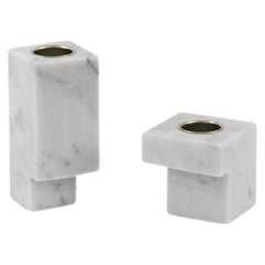 Handmade Set of 2 Squared Candle Holders in White Carrara Marble and Brass