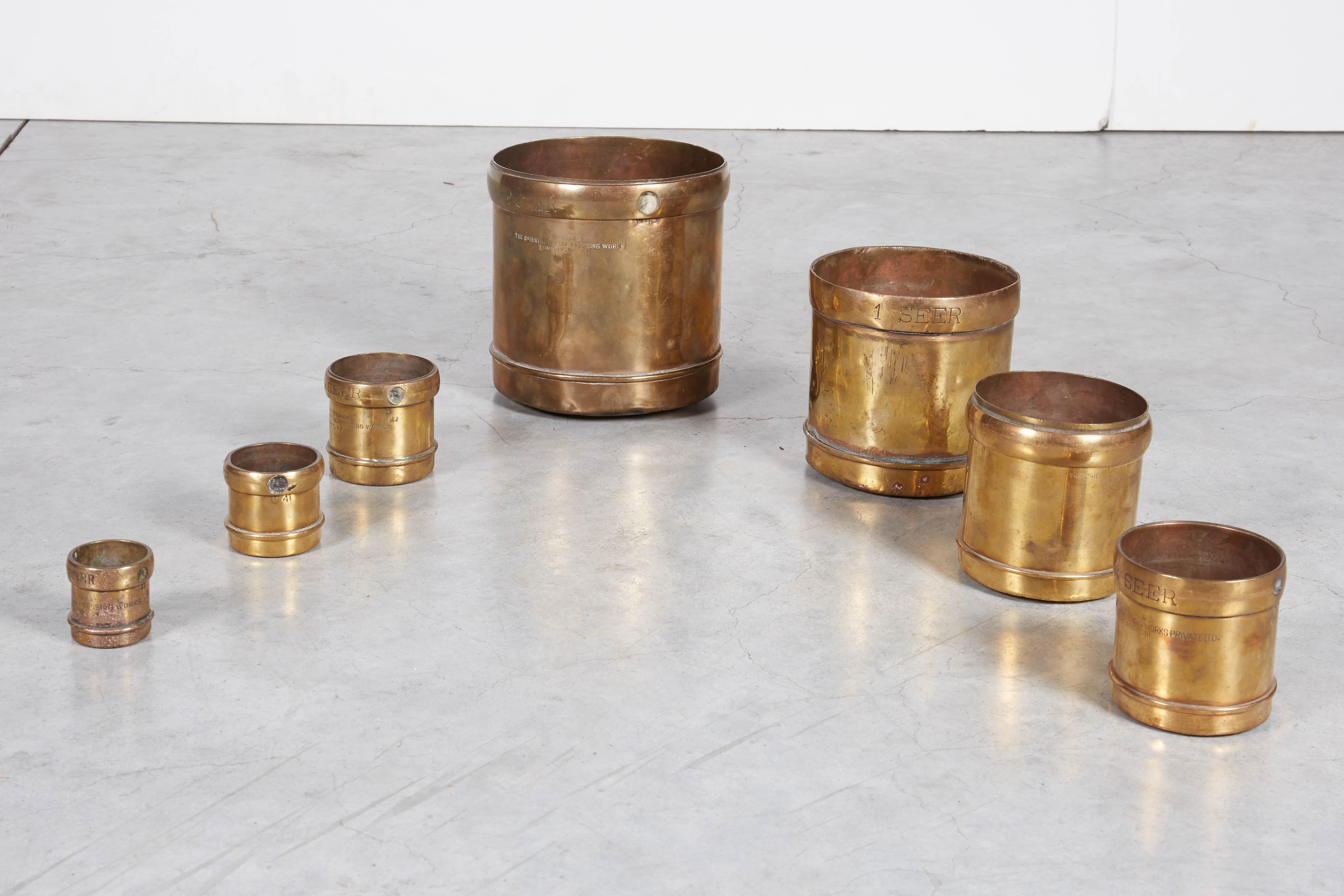Handmade Set of 7 Engraved Brass Grain Measures, Midcentury, India 6