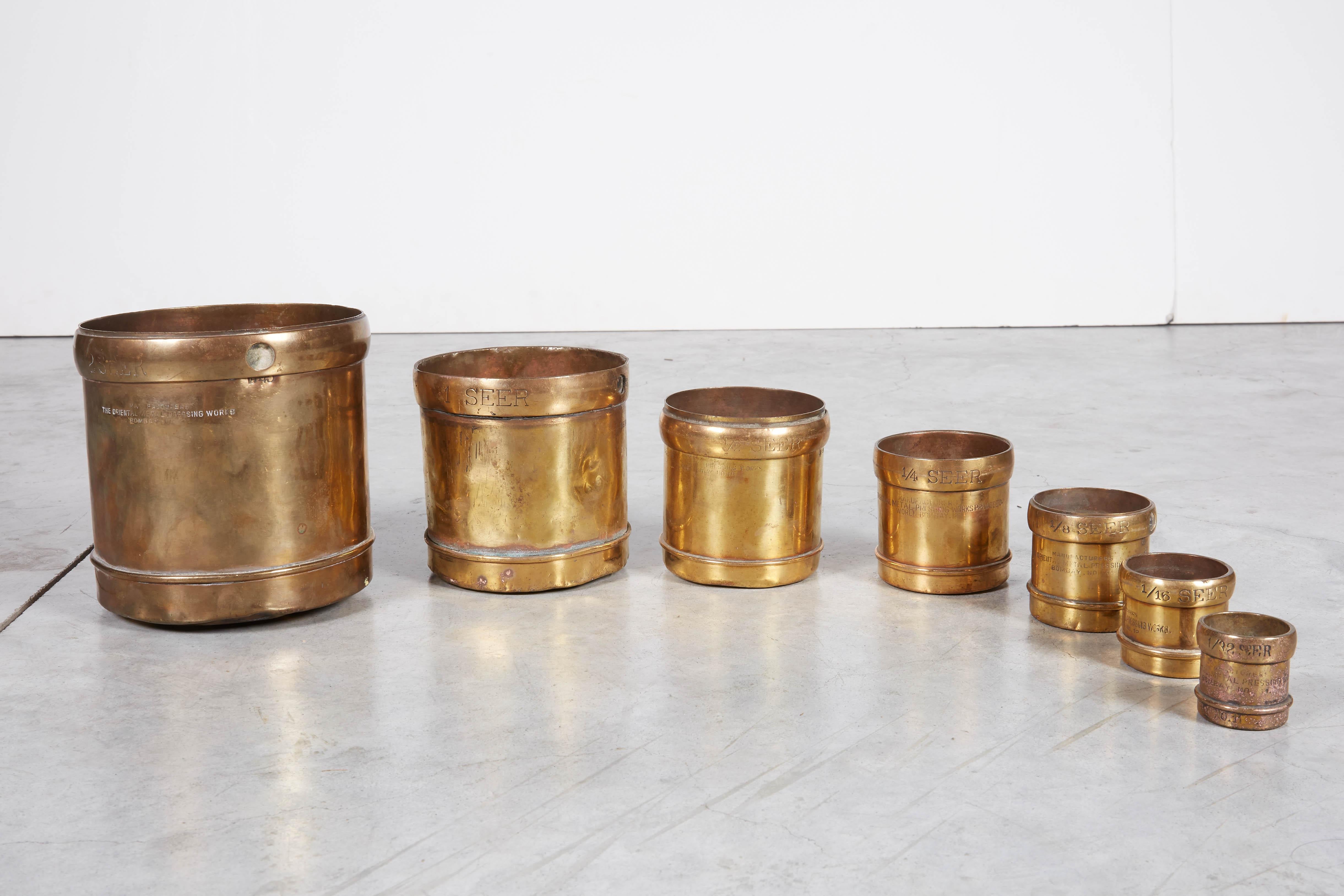 Handmade Set of 7 Engraved Brass Grain Measures, Midcentury, India 7