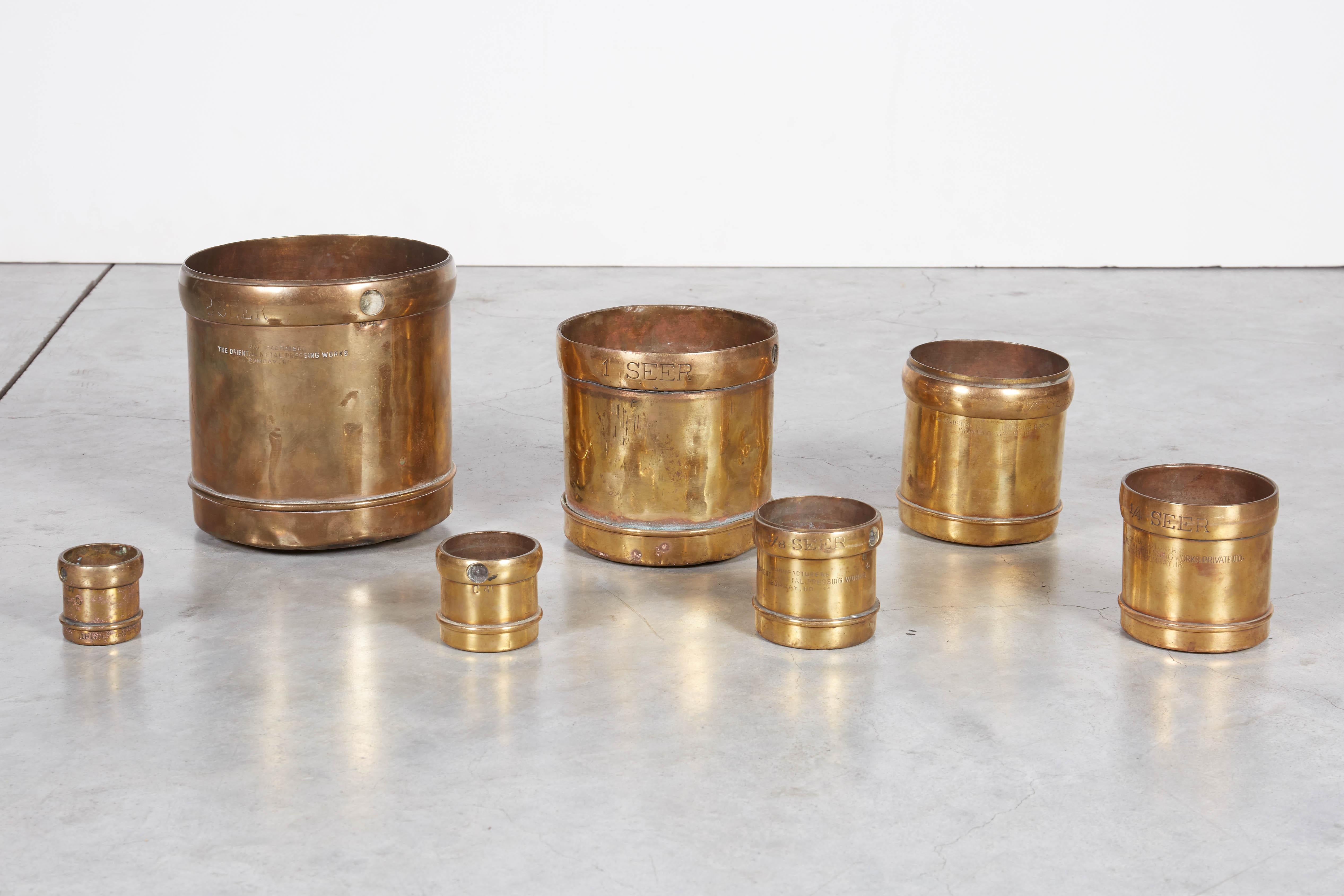 20th Century Handmade Set of 7 Engraved Brass Grain Measures, Midcentury, India
