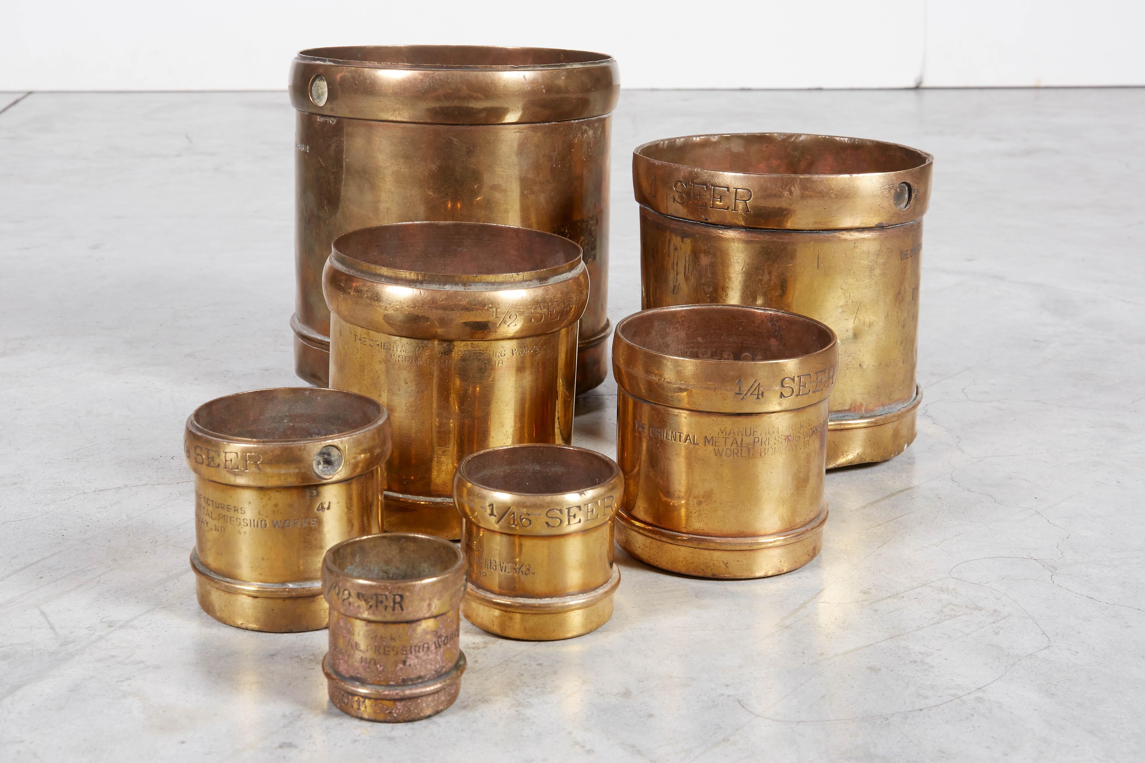 Handmade Set of 7 Engraved Brass Grain Measures, Midcentury, India 1