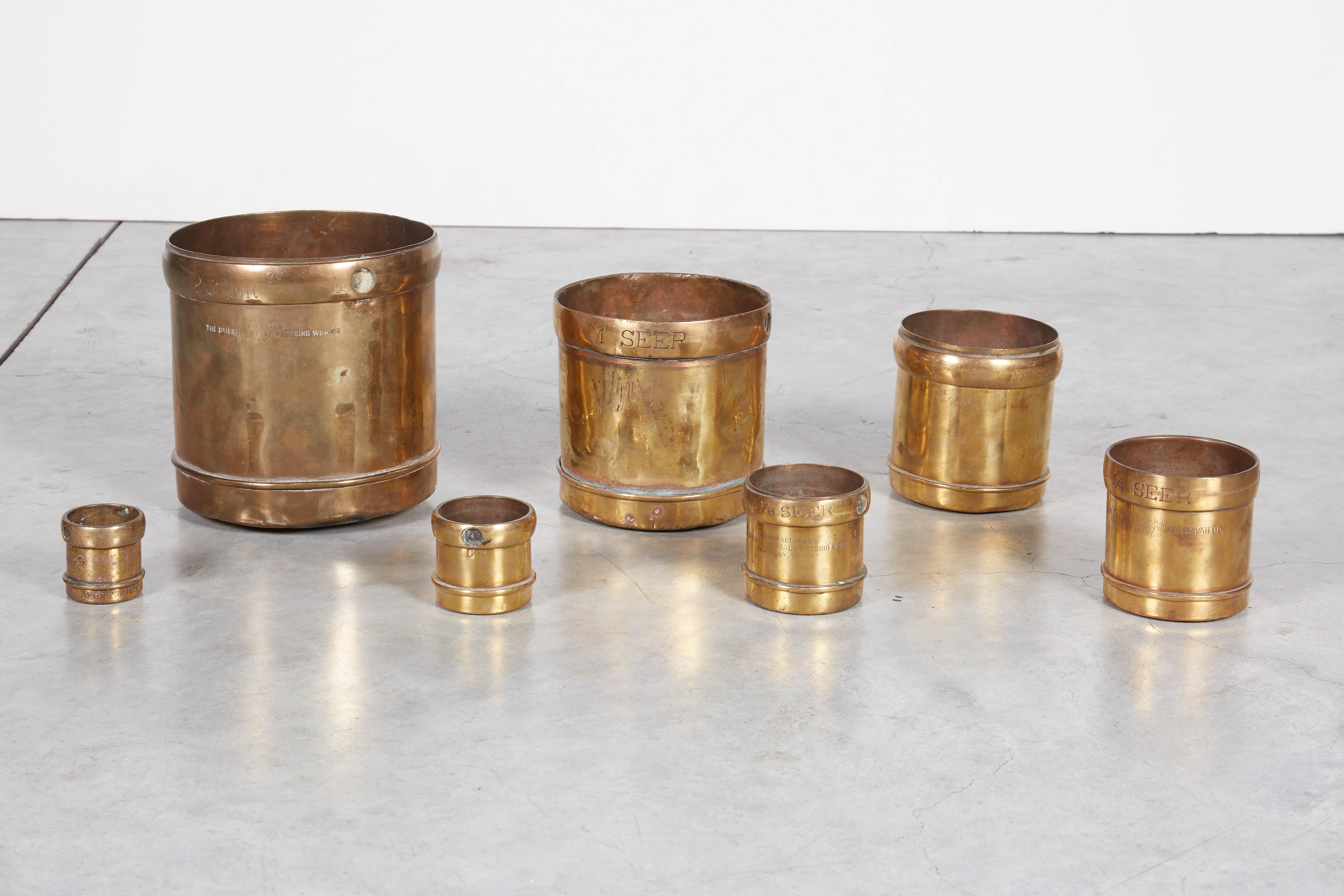 Handmade Set of 7 Engraved Brass Grain Measures, Midcentury, India 2