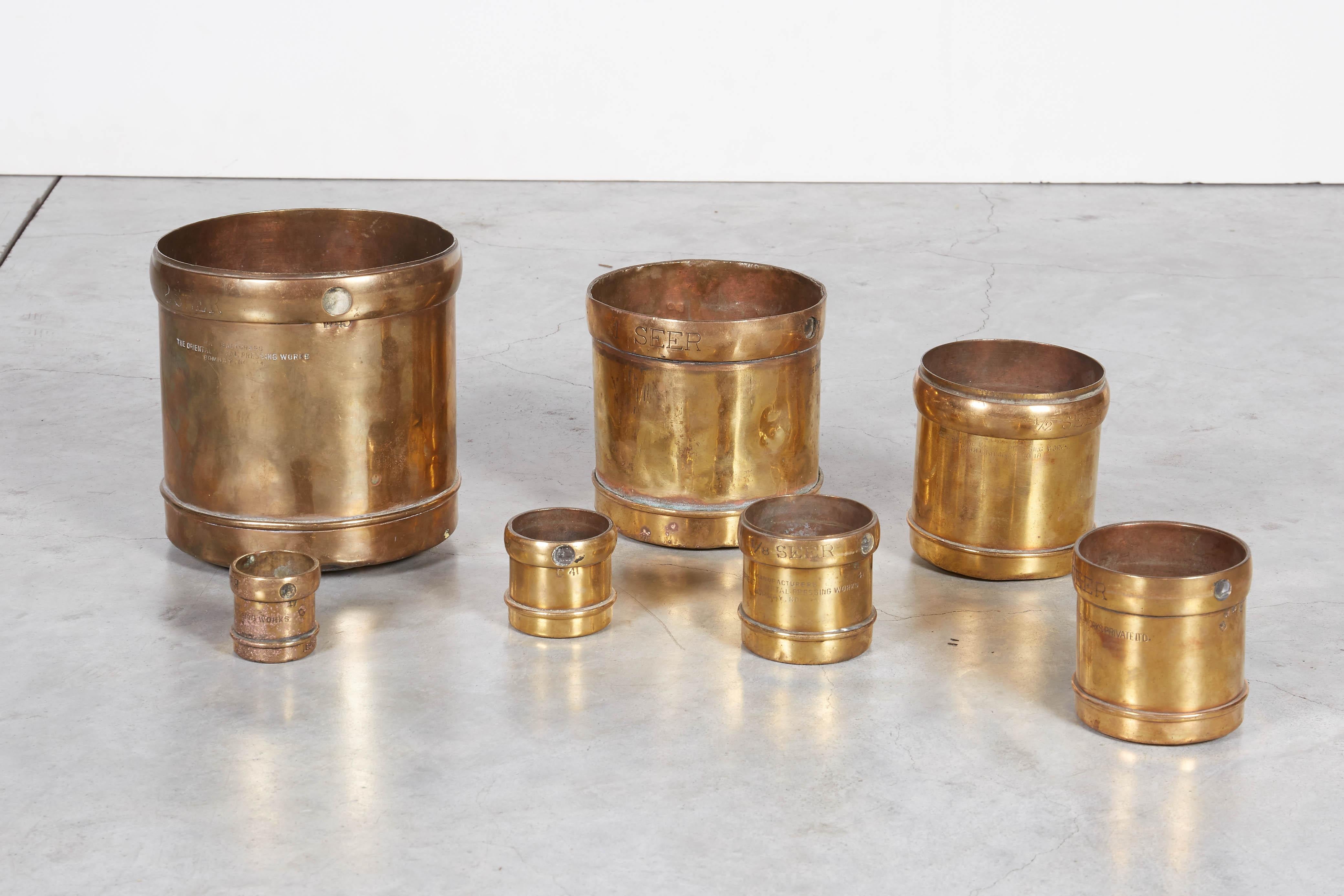 Handmade Set of 7 Engraved Brass Grain Measures, Midcentury, India 4
