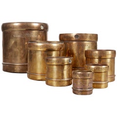 Handmade Set of 7 Engraved Brass Grain Measures, Midcentury, India