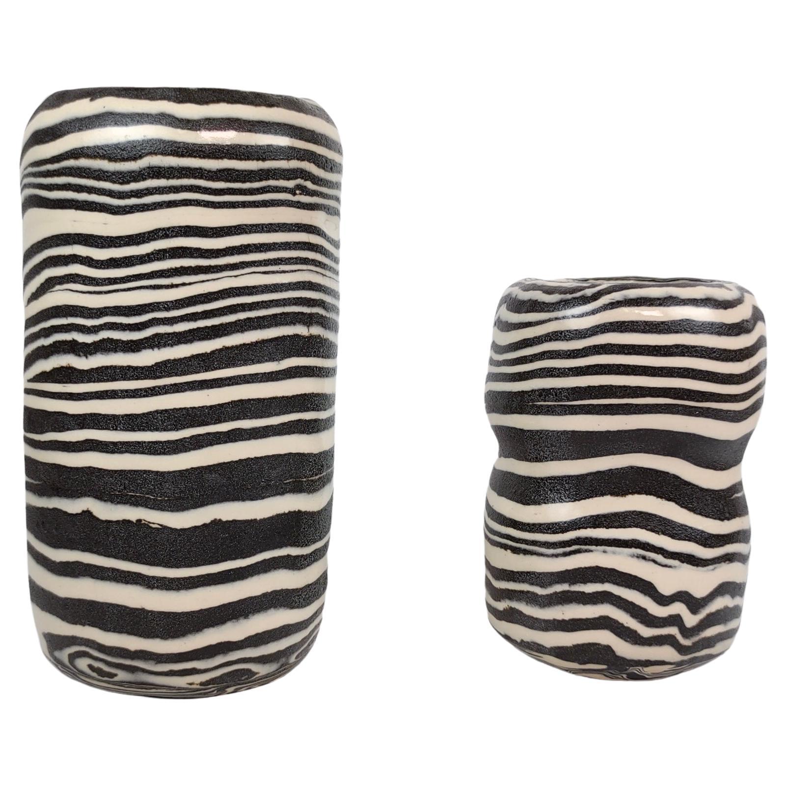 Handmade Set of Nerikomi 'Zebra' Striped Black and White Vases by Fizzy Ceramics