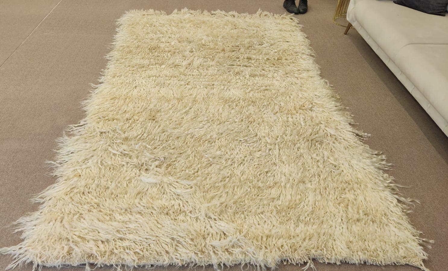 Contemporary Handmade Shag Pile Rug Made of Natural Beige Mohair Wool. Custom Options Availa. For Sale