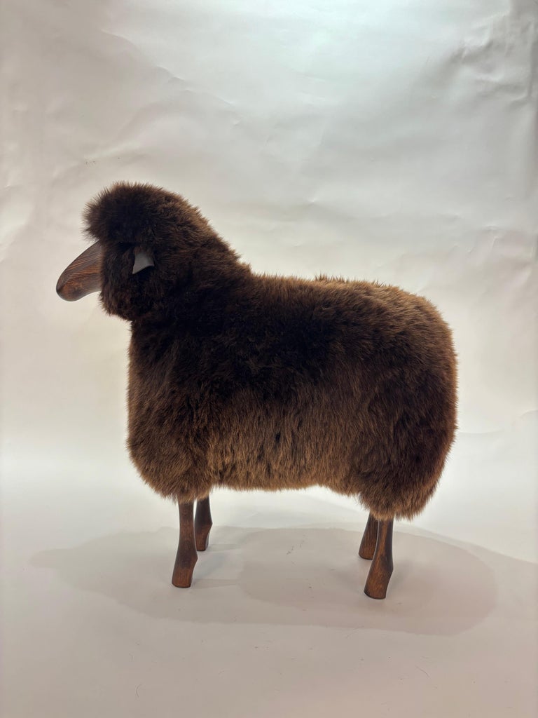Handmade sheep in brown wool and solid wood by Hans Peter Krafft