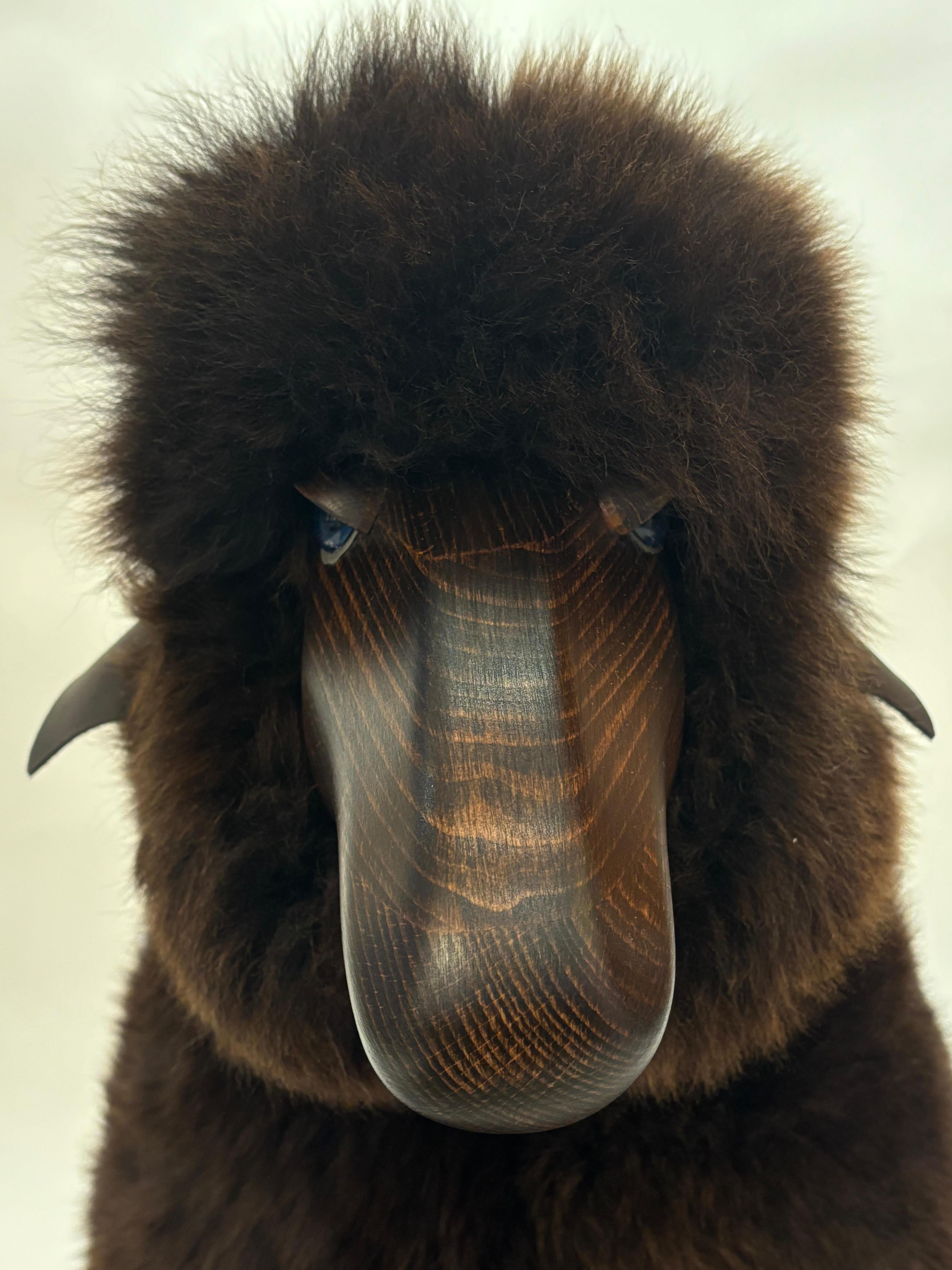 XXIe siècle et contemporain Handmade sheep in brown fur and teak wood by Hans Peter Krafft, Meier Germany. en vente