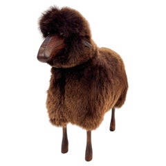 Handmade sheep in brown fur and teak wood by Hans Peter Krafft, Meier Germany.