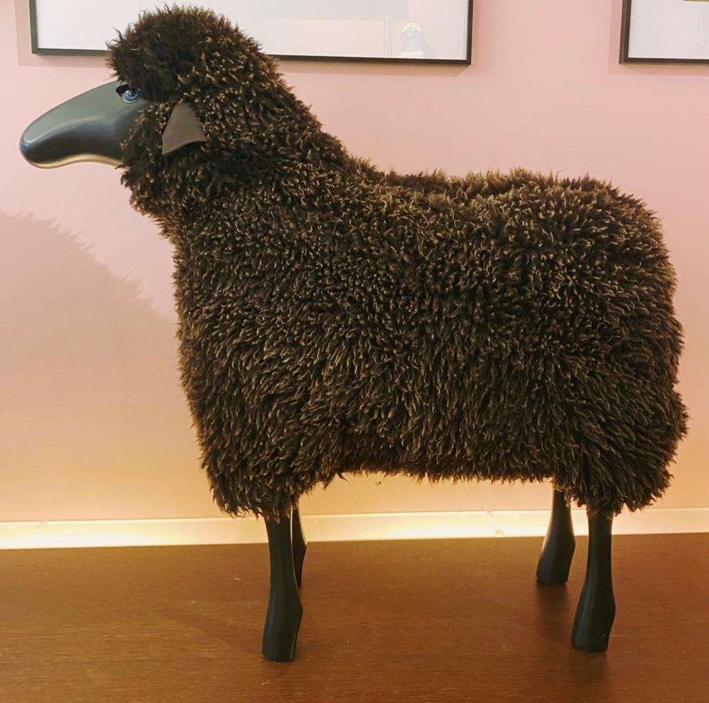 Modern Handmade sheep in curly brown fur by Hans-Peter Krafft, Meier Germany.  For Sale