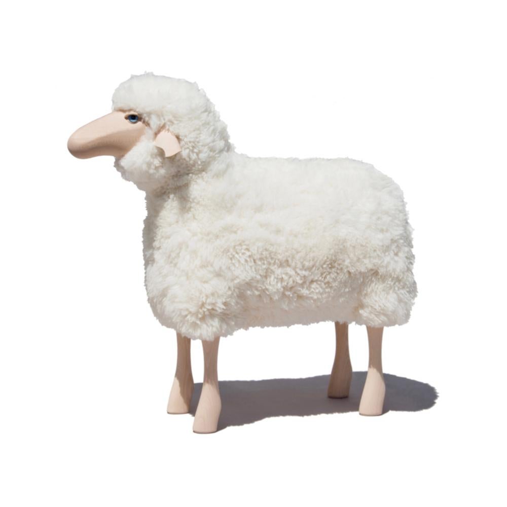 Modern Handmade sheep in curly white fur and beech by Hans Peter Krafft, Meier Germany. For Sale