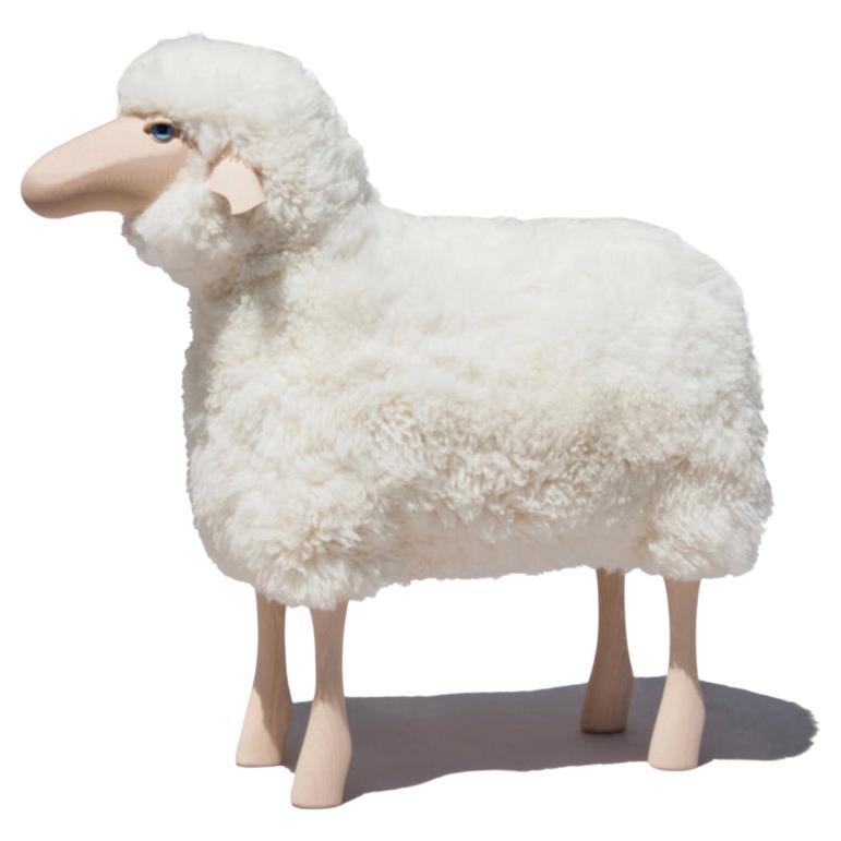Handmade sheep in curly white fur and beech by Hans Peter Krafft, Meier Germany. For Sale