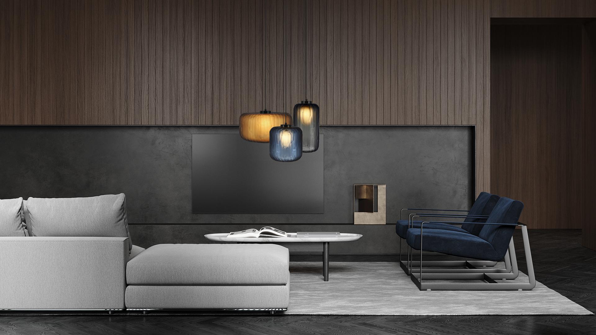 Große moderne handgefertigte Shereen-Hängelampe aus blauem und schwarzem Nickelglas, Vintage (Moderne) im Angebot