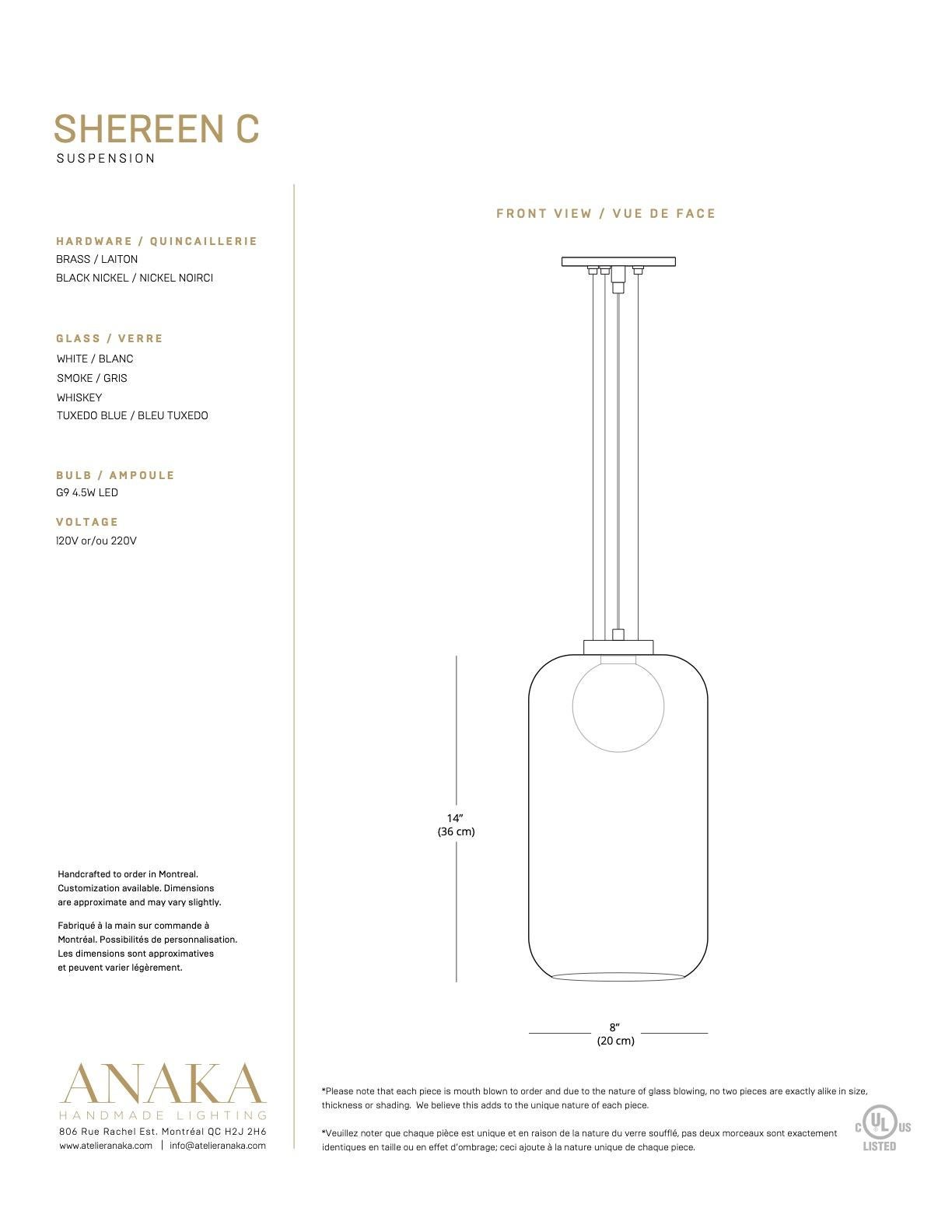 Brass Handmade Shereen Long Modern Smoke and Black Nickel Glass Pendant Light For Sale