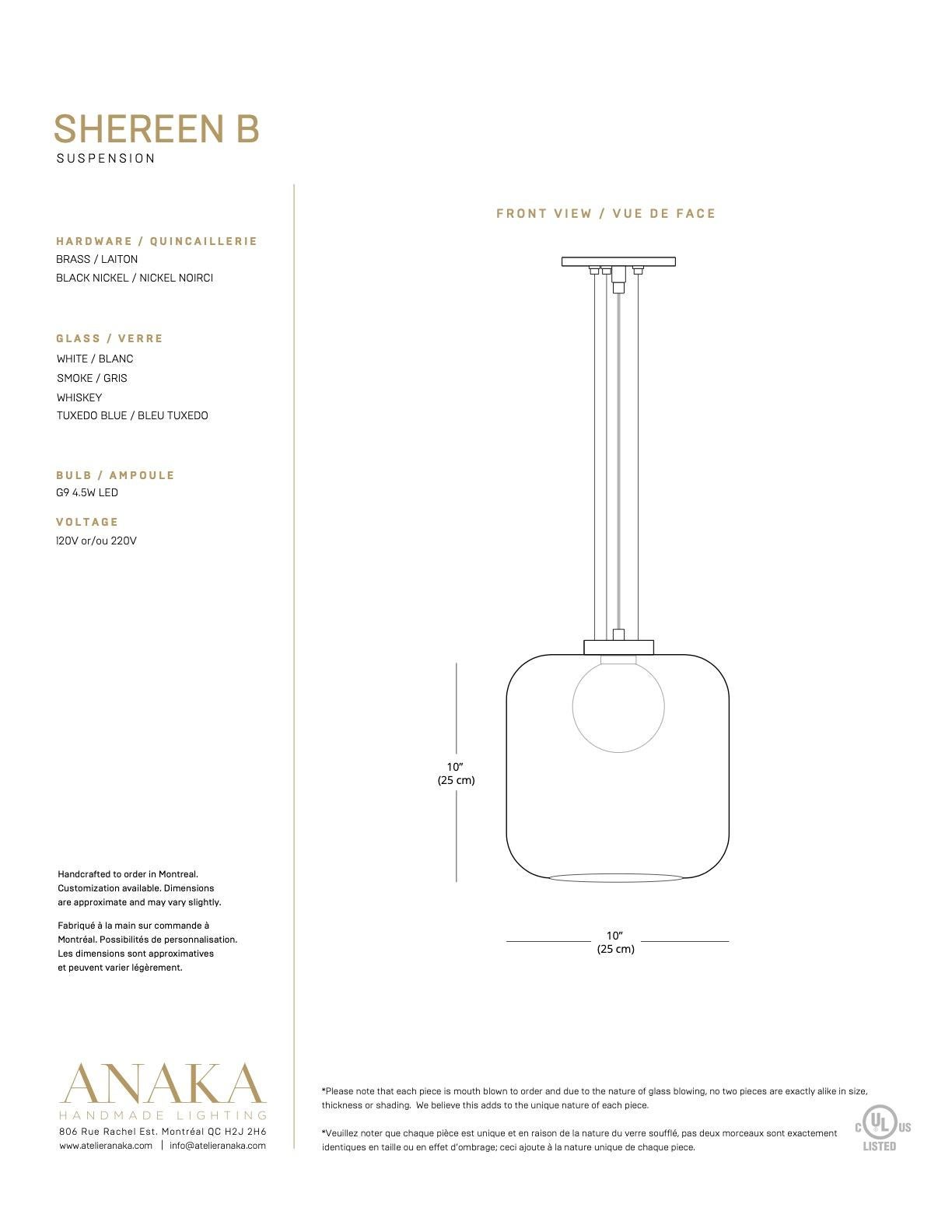 Contemporary Handmade Shereen Small Modern Smoke and Brass Glass Pendant Light For Sale