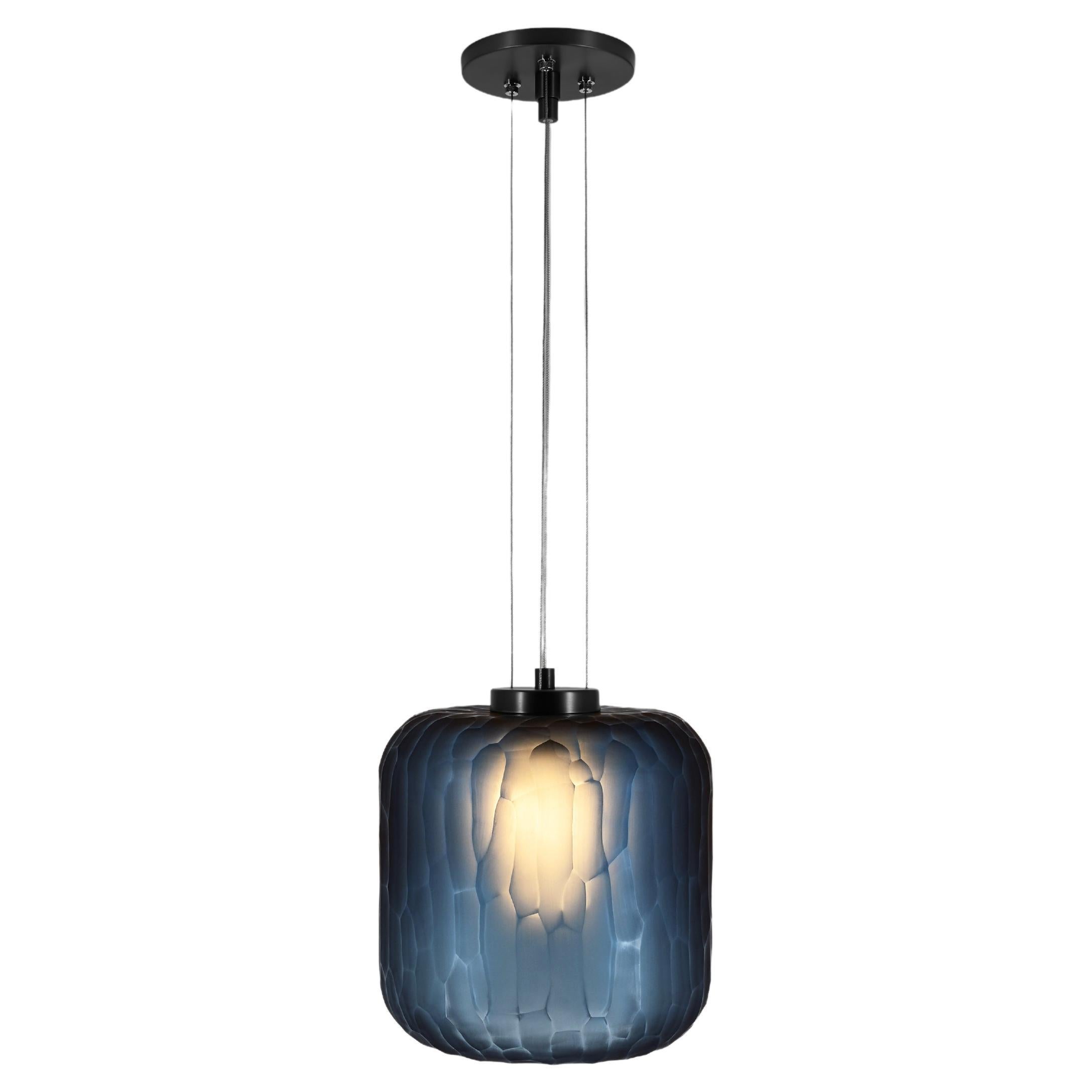 Handmade Shereen Small Modern Tuxedo Blue and Black Nickel Glass Pendant Light