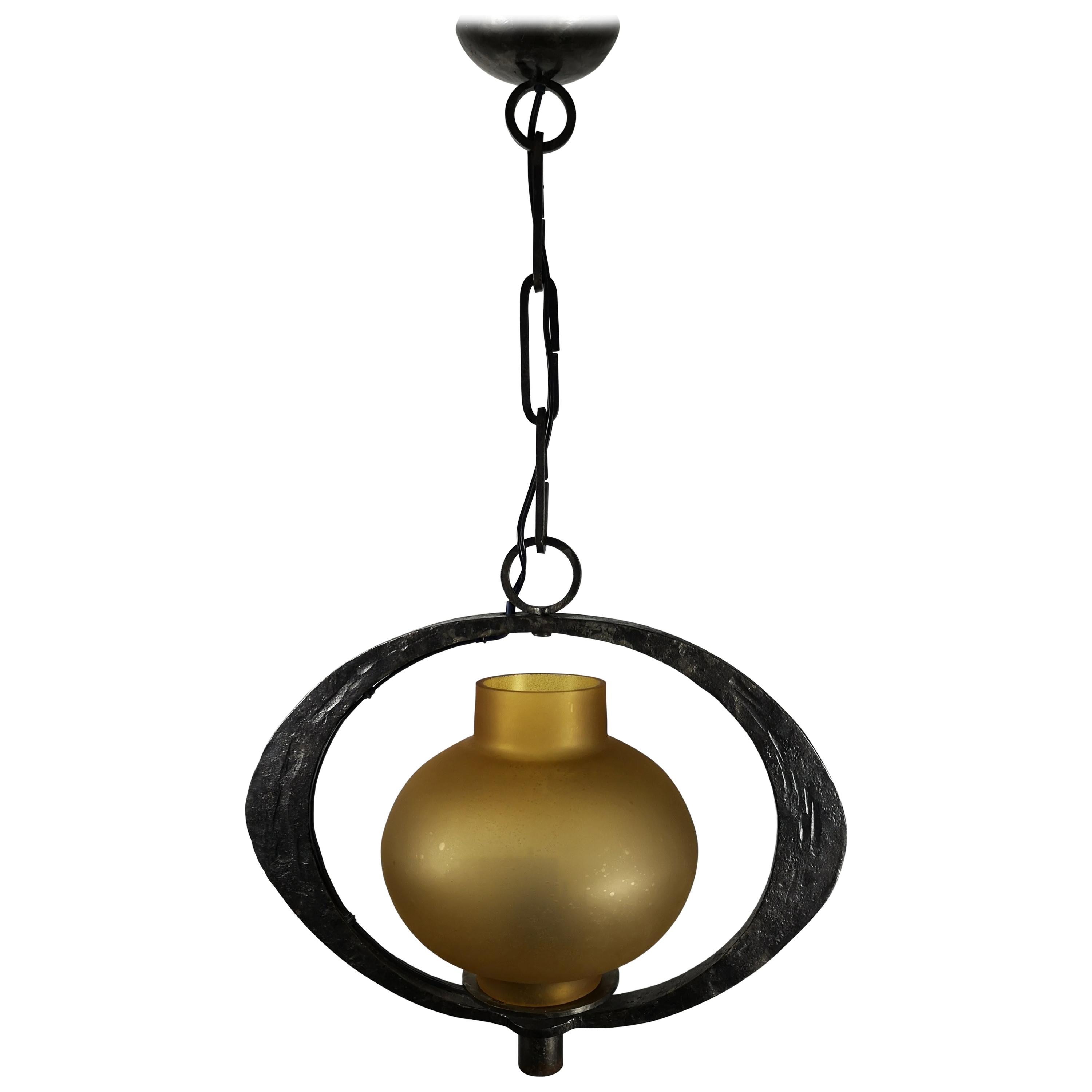 Hand Crafted Brutalist Iron Pendant Light with Bronze Milk Glass Shade 1970s
