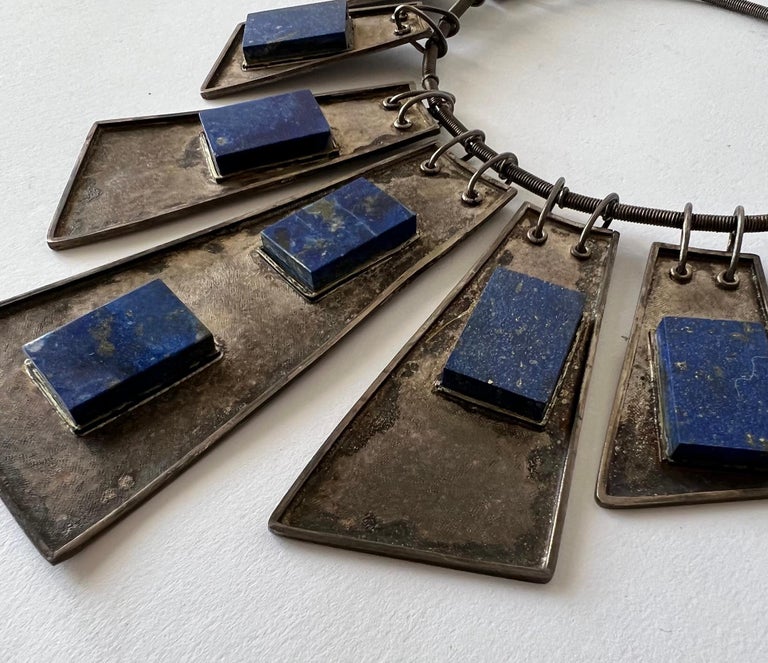 Artisan Handmade Silver Lapis Lazuli Geometric Modern Tribal Necklace For Sale
