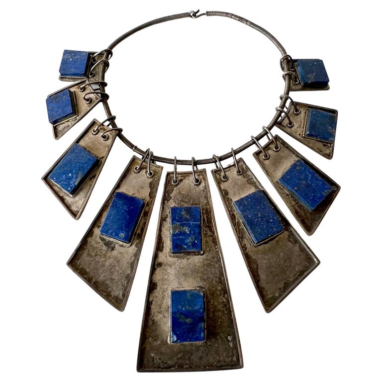 Handmade Silver Lapis Lazuli Geometric Modern Tribal Necklace For Sale