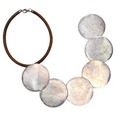 Handmade Silver Long Disk Shape Bib Necklace w/ 16" Brown Leather Strap Chain