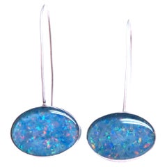Handmade Silver Silver Opal Doublet Elongated Wire Earrings Sterling 12602