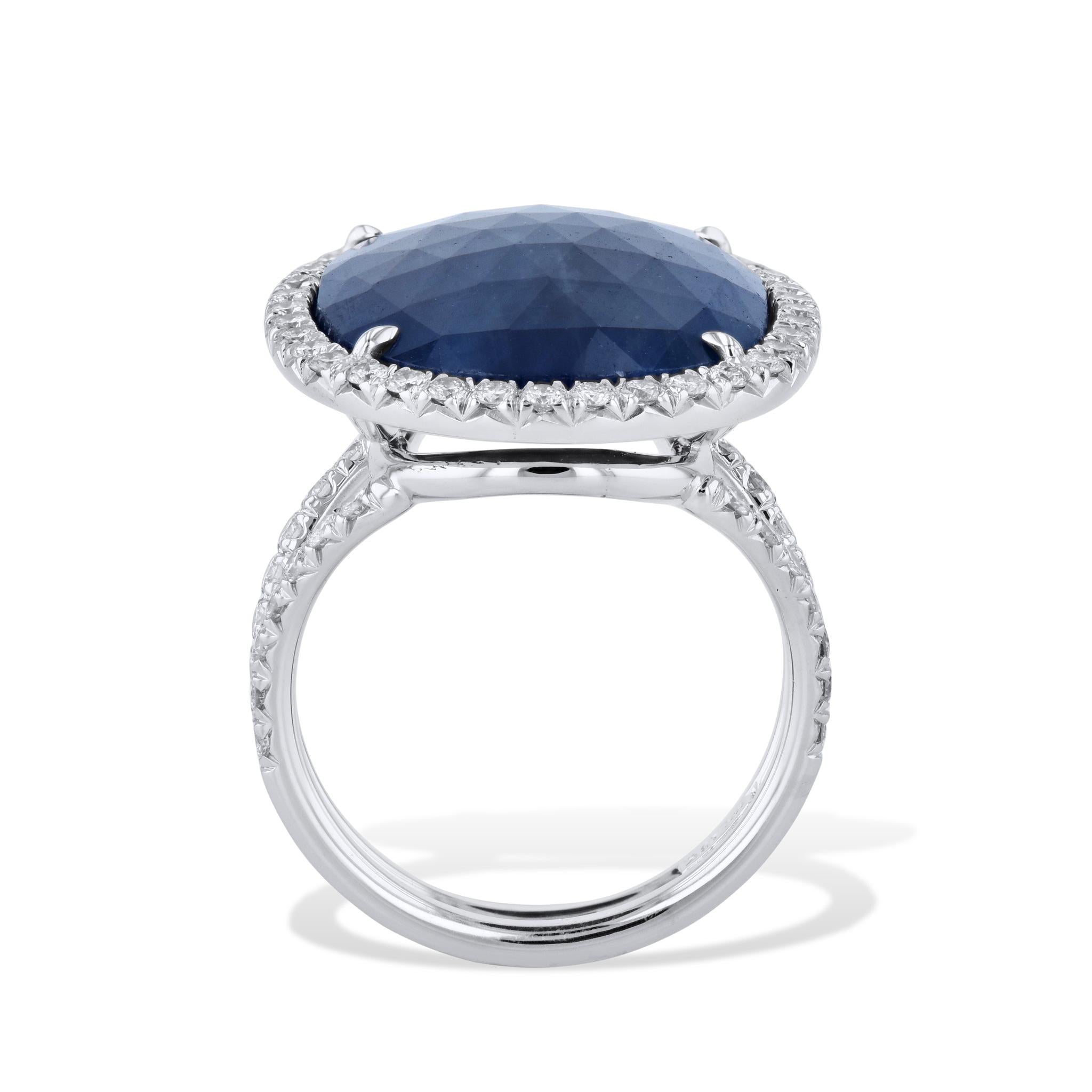 Oval Cut Handmade Sliced Blue Sapphire Diamond Pave Halo Cocktail Ring 18 Karat Gold  For Sale