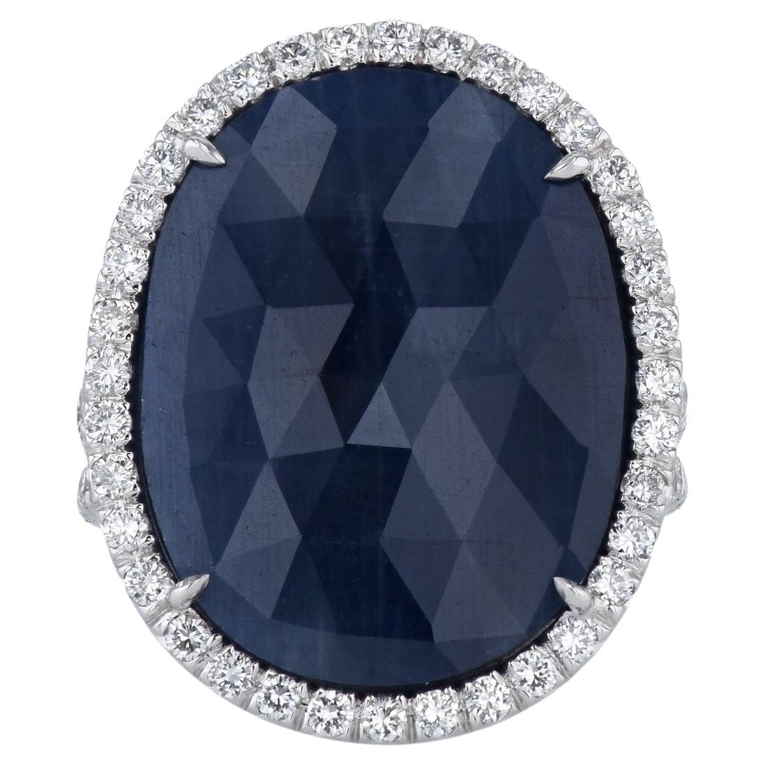 Handmade Sliced Blue Sapphire Diamond Pave Halo Cocktail Ring 18 Karat Gold  For Sale