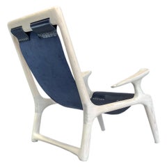 Handmade Sling Arm Chair in White Ash & Navy Leather, by Fernweh Woodworking