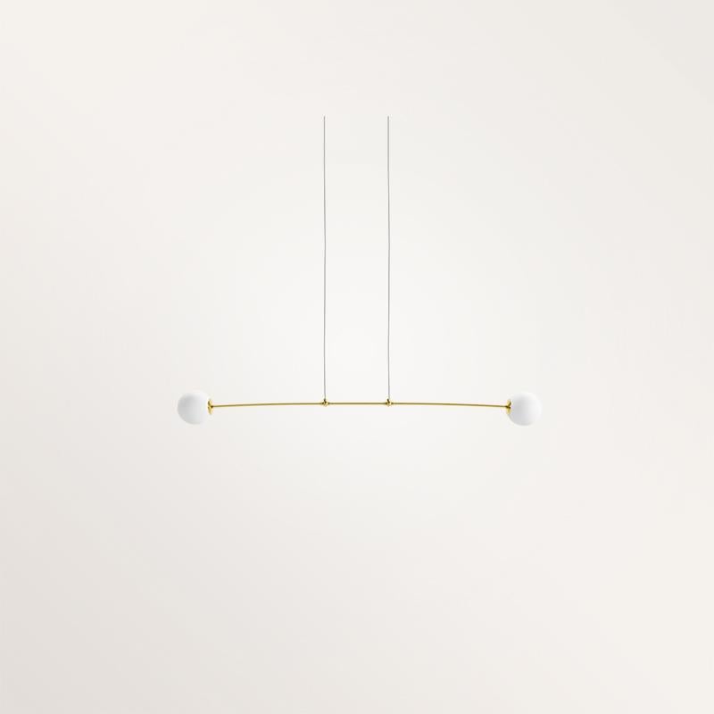 Handmade small Nemesis II chandelier by Gobo Lights
Dimensions: 100 L X 12 l X 100 H
Materials: Brass, opaline

Nemesis is the Greek Goddess of fair anger, revenge and balance which has inspired this light. 

Self-taught and from the world of