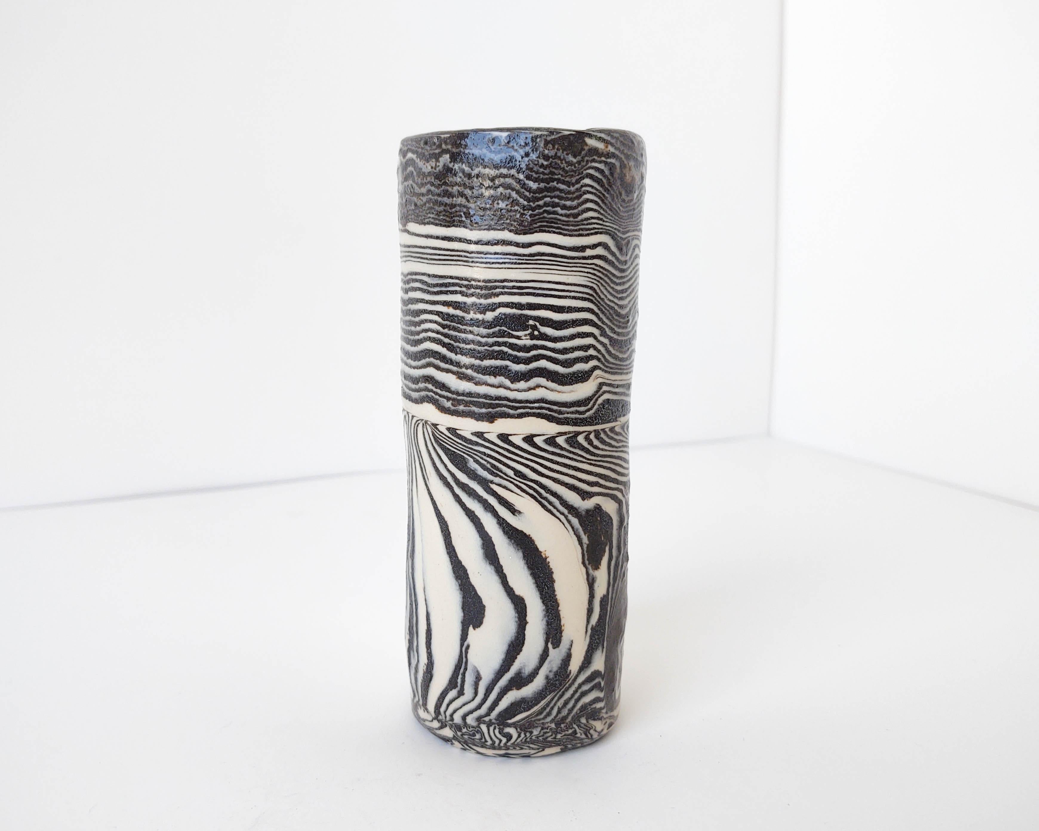 American Handmade Small Psychedelic Nerikomi Black and White Vase by Fizzy Ceramics