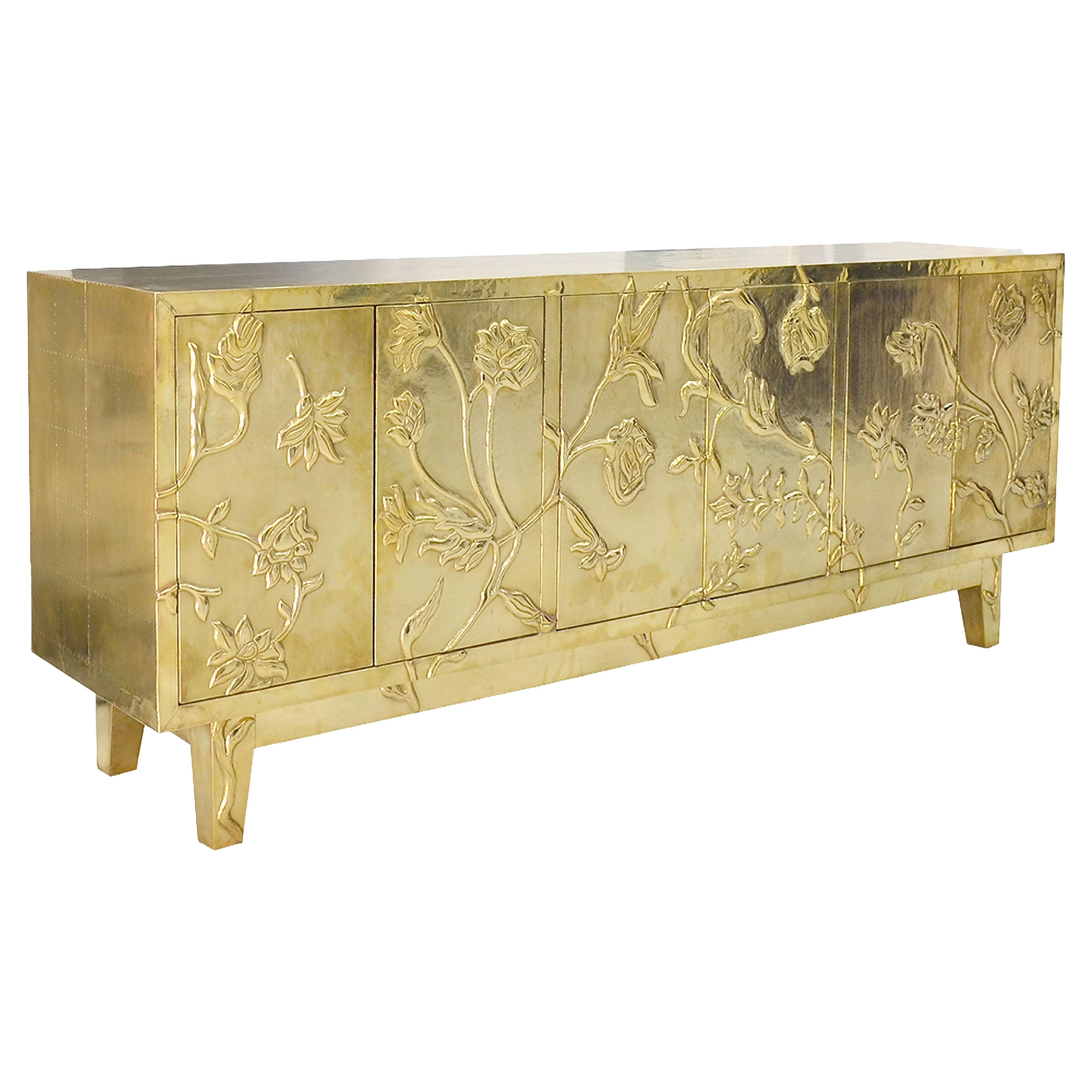 Handmade Smooth Brass Floral Buffet – Carved Metal Sideboard Cabinet